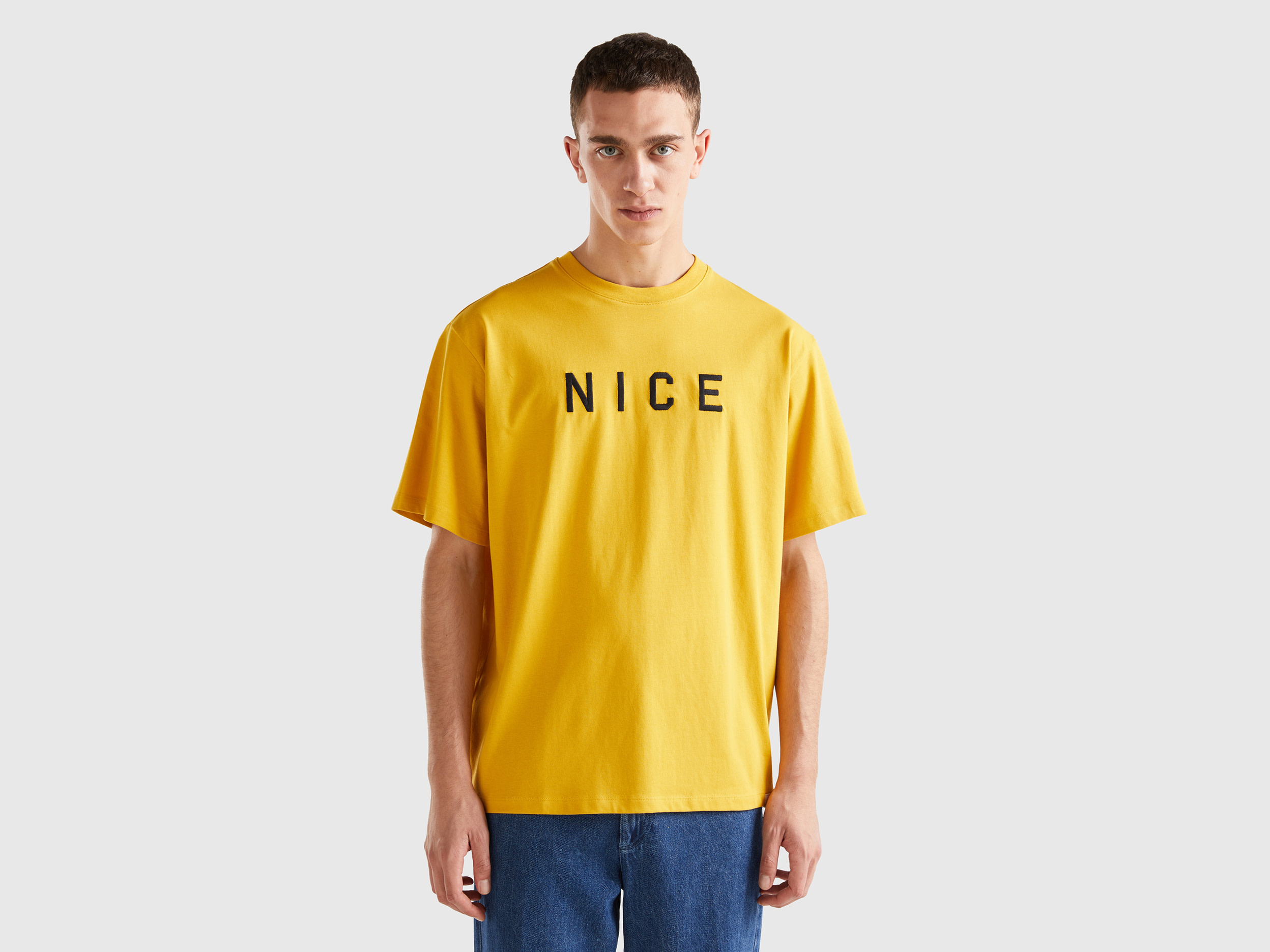 Benetton, T-shirt With Slogan Print, size XXXL, Yellow, Men