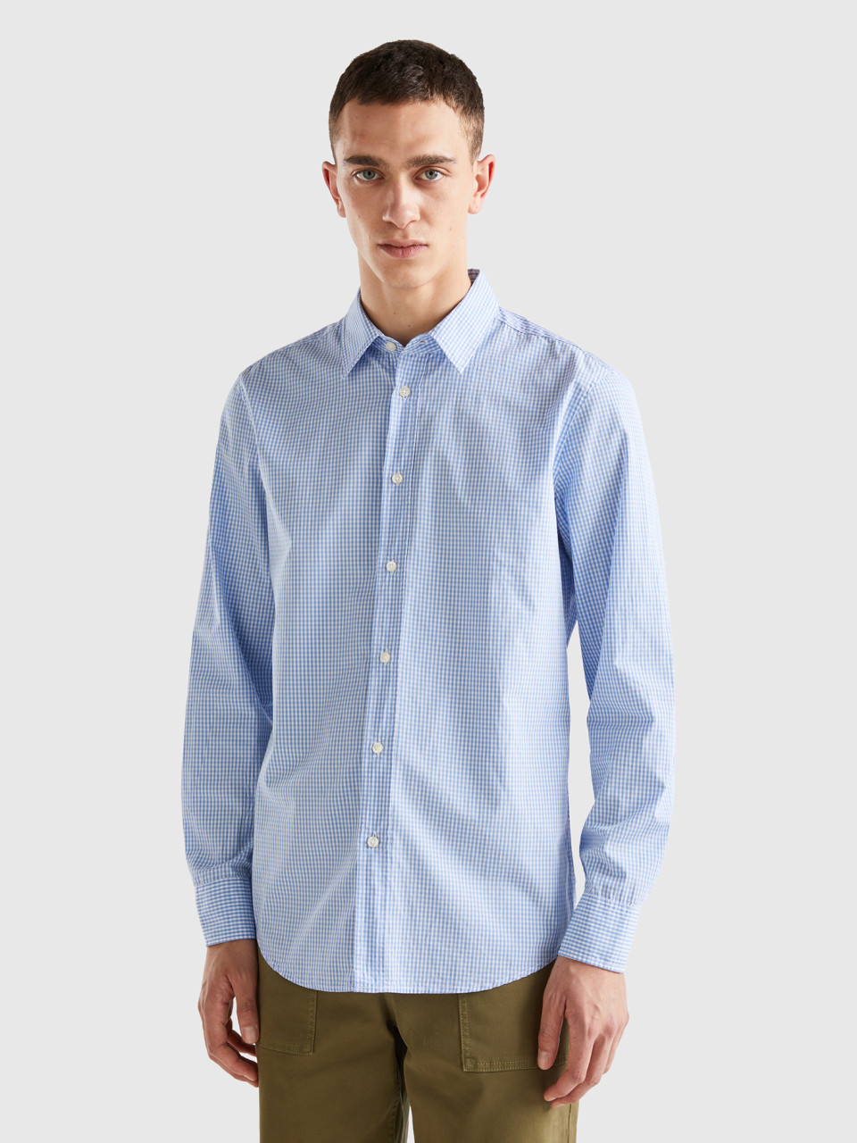 Benetton, 100% Organic Cotton Patterned Shirt, Light Blue, Men