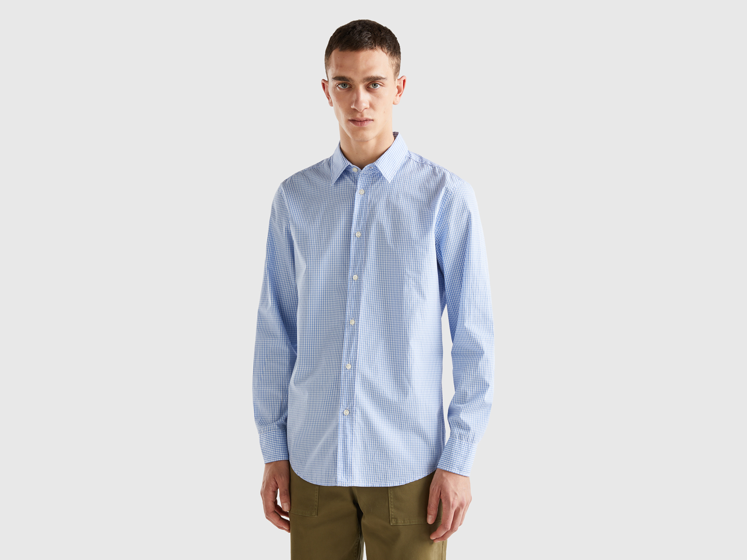 Benetton, 100% Organic Cotton Patterned Shirt, size S, Light Blue, Men