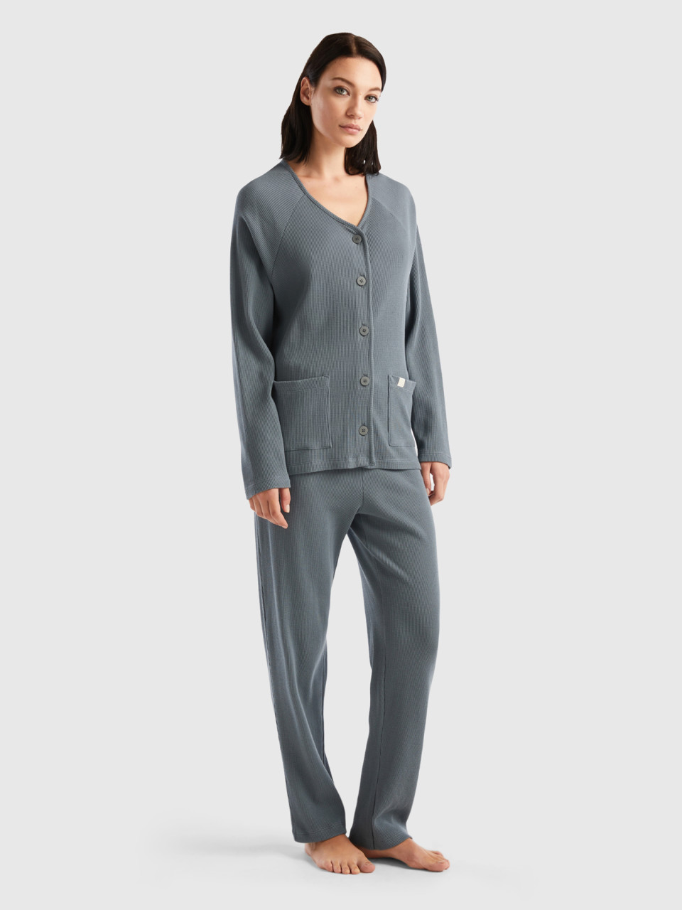 Benetton, Long Pyjamas In Pure Cotton, Dark Gray, Women