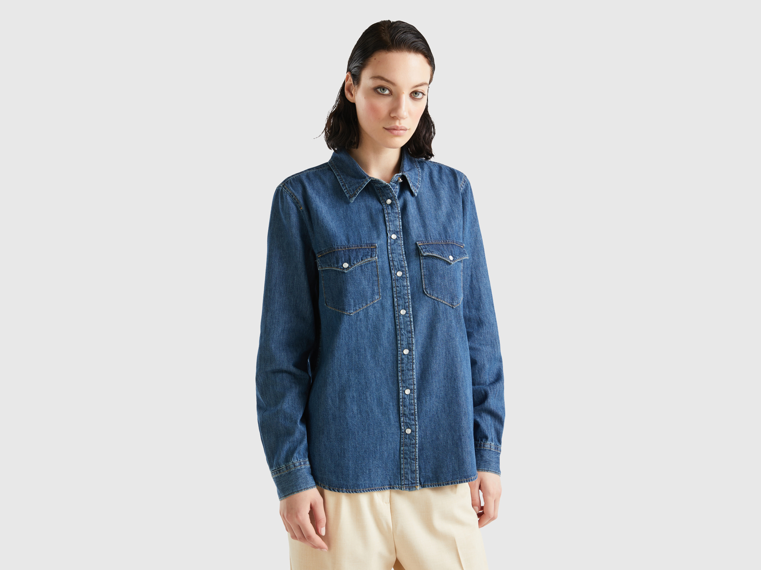 benetton, chemise en jeans coupe regular, taille xs, bleu, femme