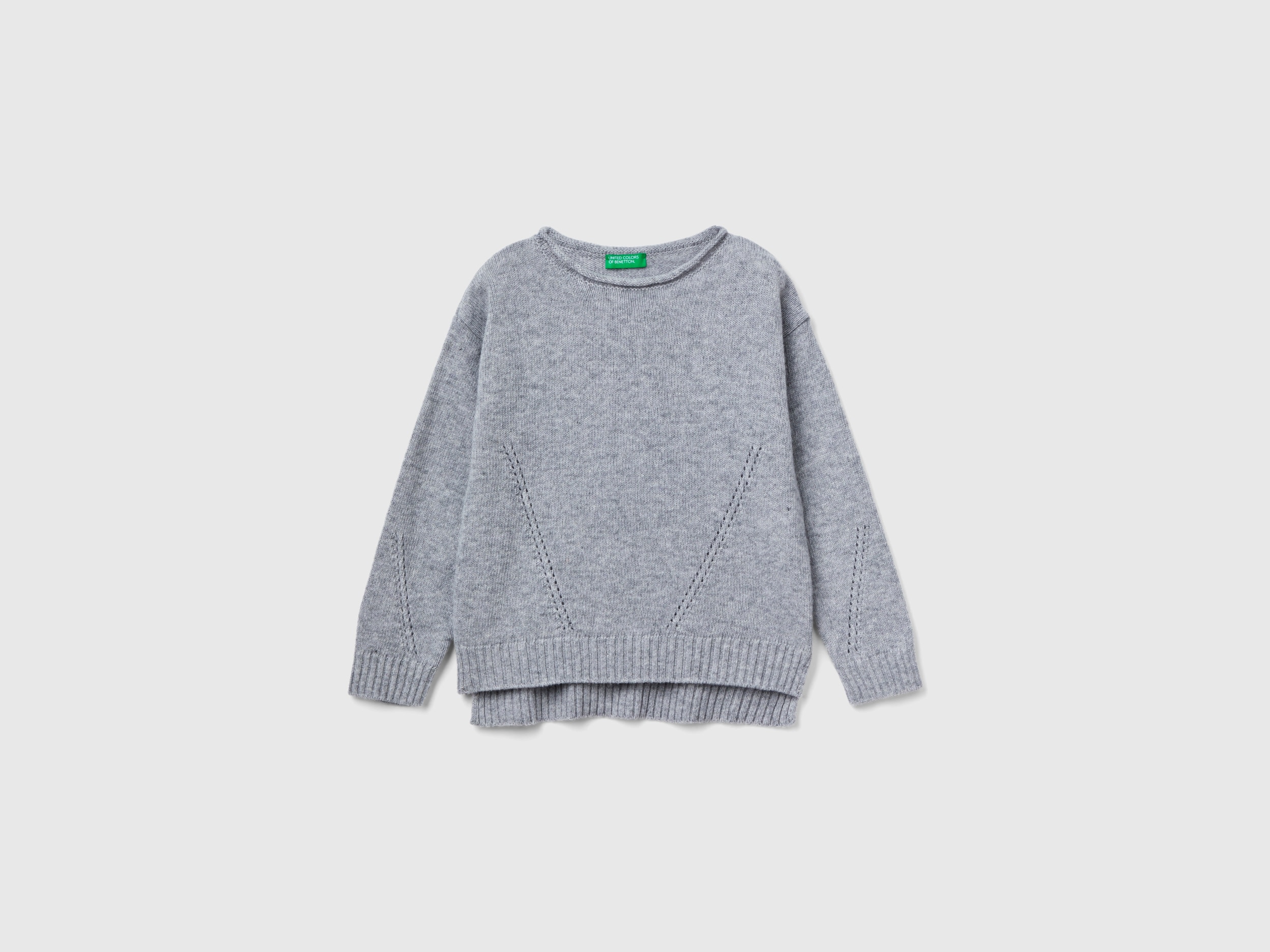 Benetton, Knit Sweater With Playful Stitching, size S, Light Gray, Kids