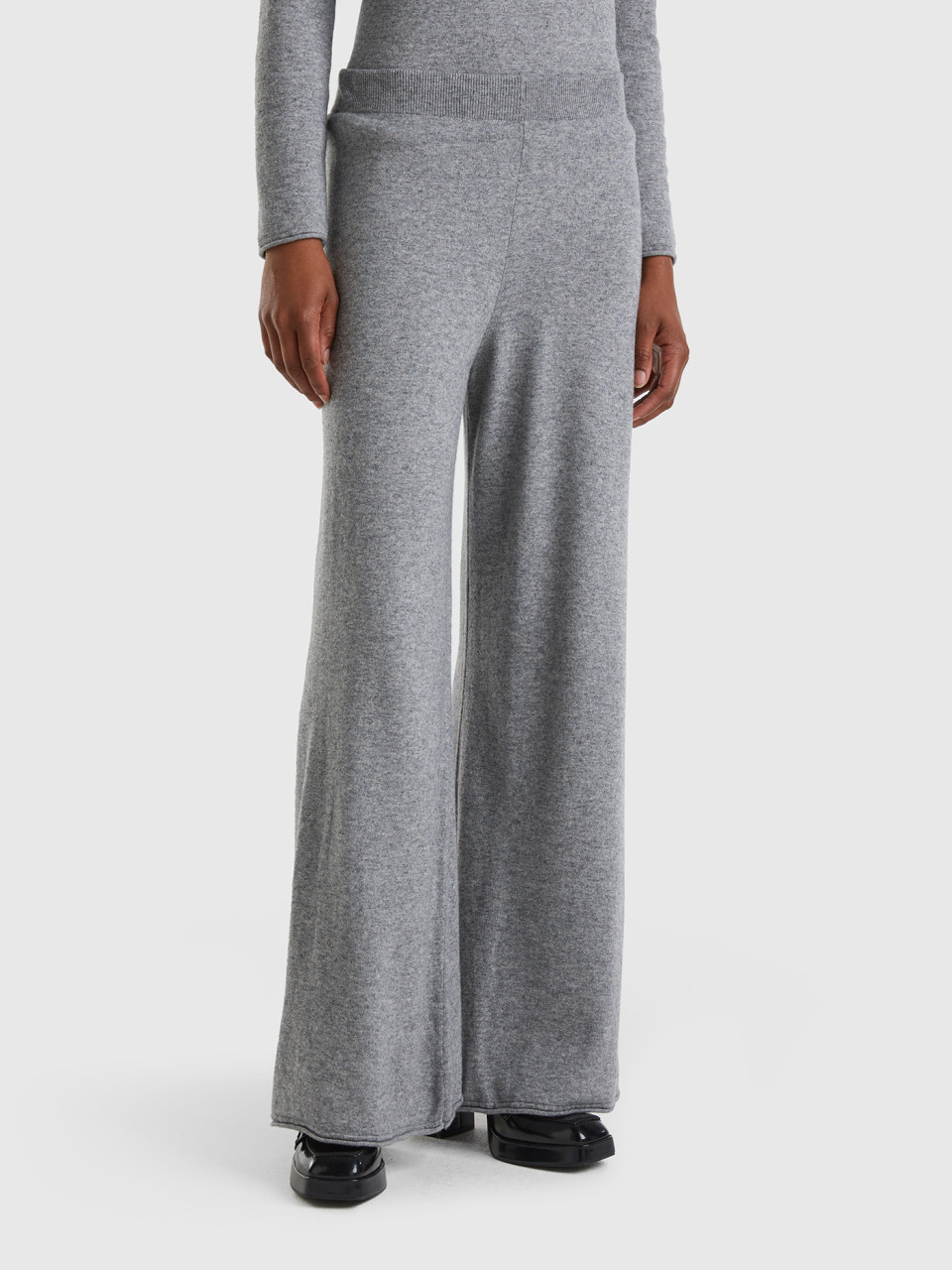 Benetton, Light Gray Wide Leg Trousers In Cashmere And Wool Blend, Light Gray, Women