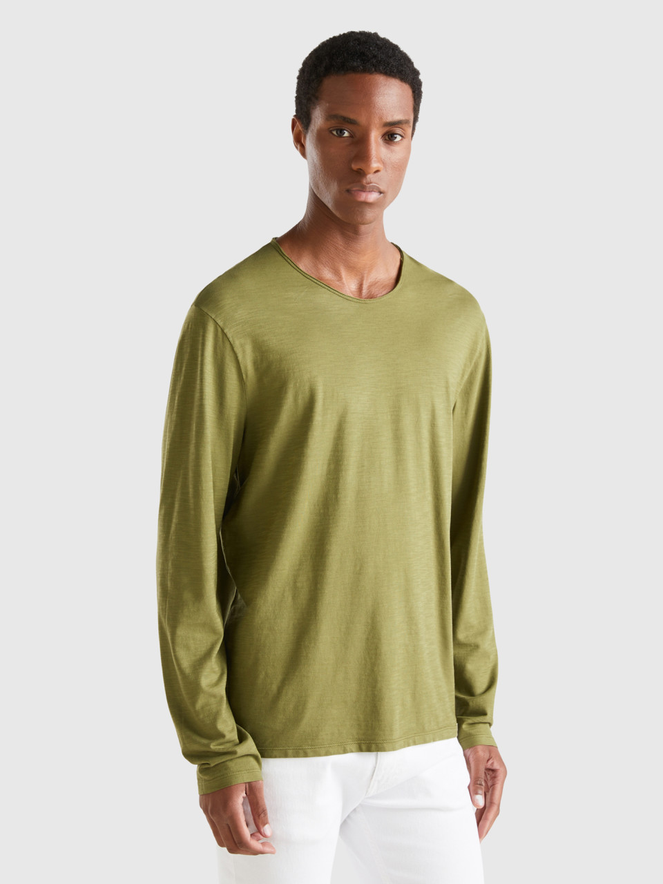 Benetton, Long Sleeve T-shirt In 100% Cotton, Military Green, Men