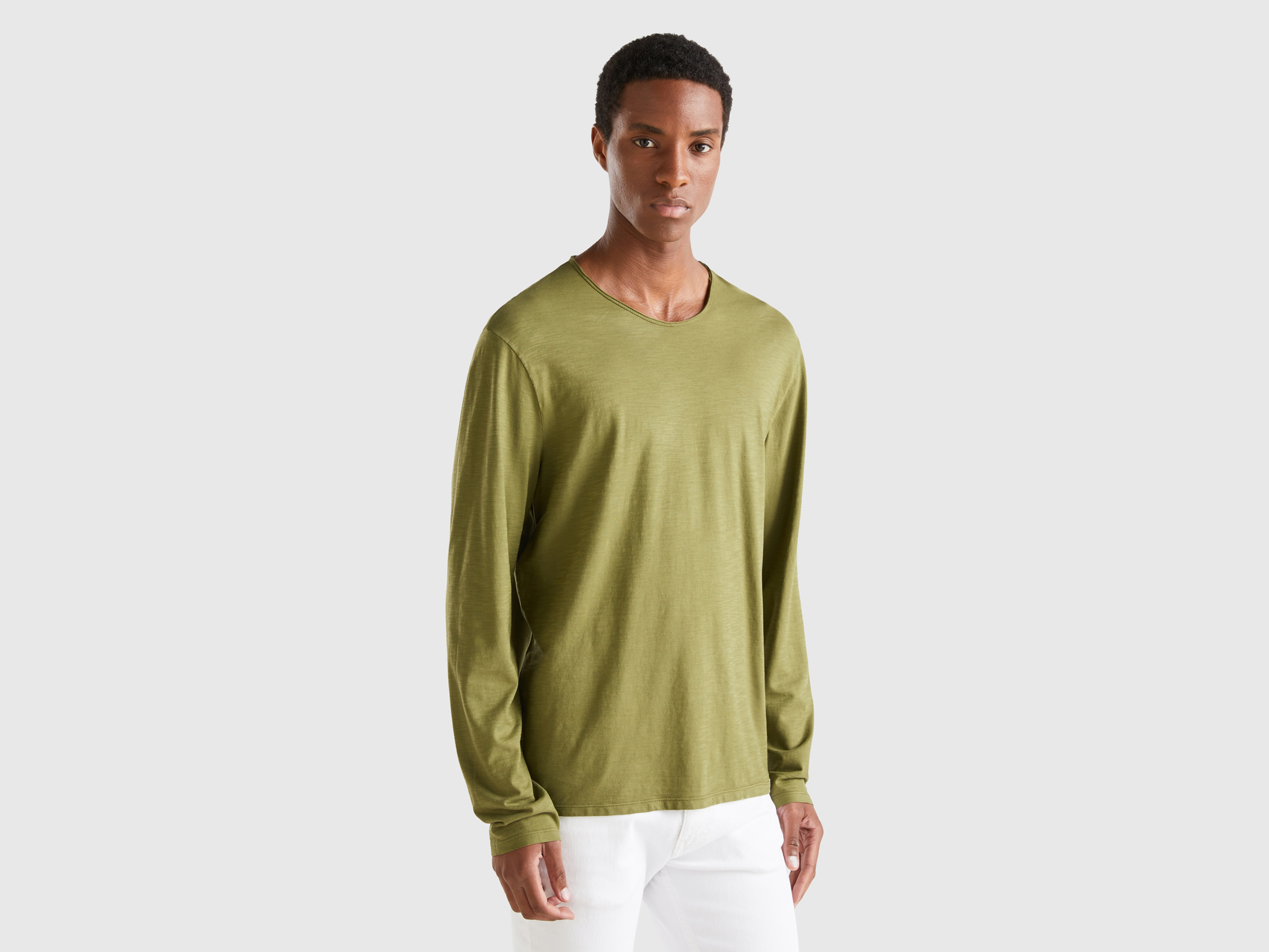 Benetton, Long Sleeve T-shirt In 100% Cotton, size S, Military Green, Men