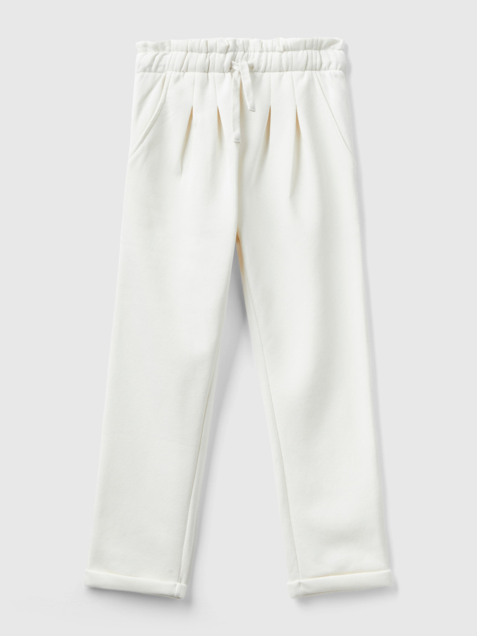 Benetton, Paperbag Trousers In Warm Sweat Fabric, Creamy White, Kids