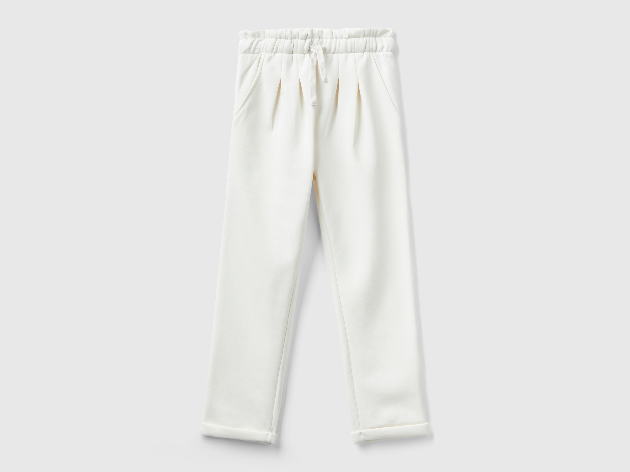 Benetton, Paperbag Trousers In Warm Sweat Fabric, size L, Creamy White, Kids