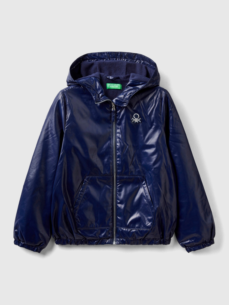Benetton, Glossy Jacket With Zip And Hood, Dark Blue, Kids