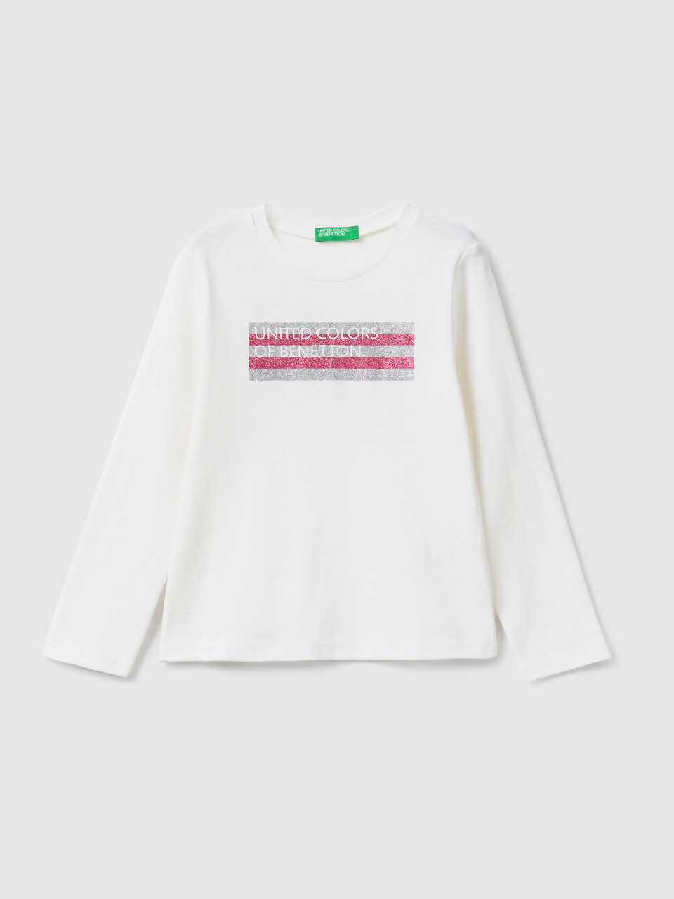 Benetton, Long Sleeve T-shirt With Glitter Print, Creamy White, Kids