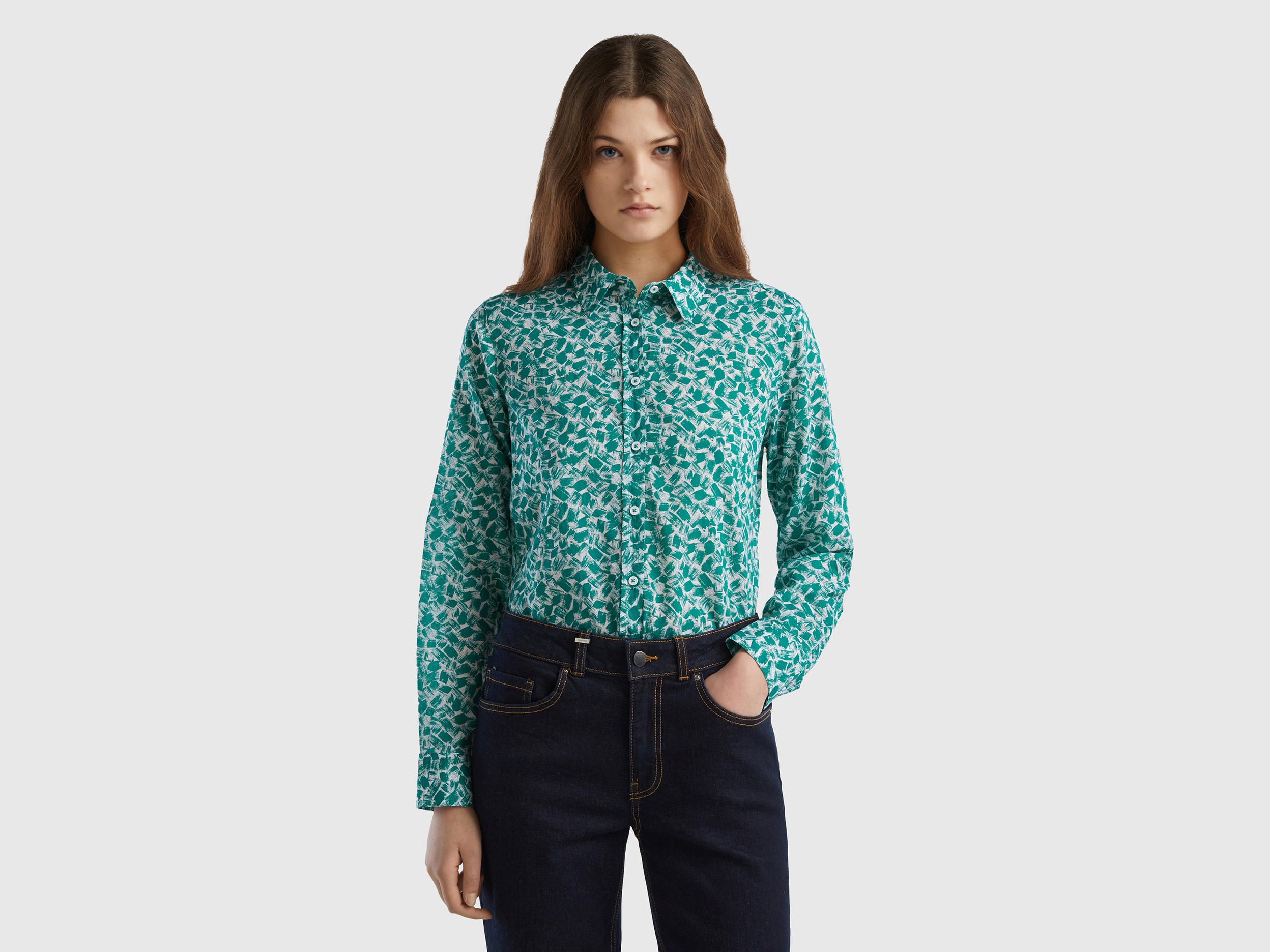 Benetton, 100% Cotton Patterned Shirt, size XXS, Teal, Women