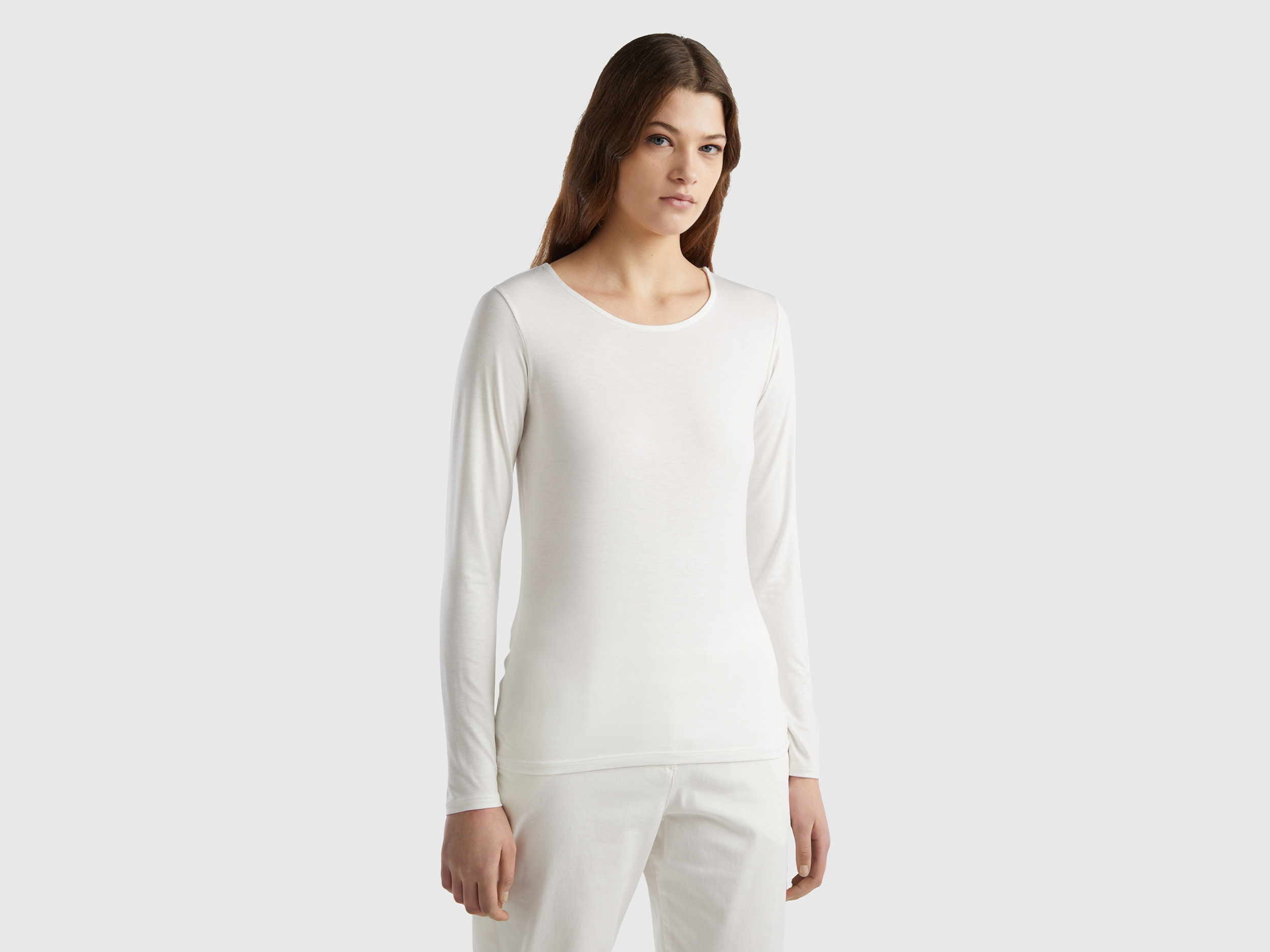 Benetton, T-shirt In Sustainable Stretch Viscose, size L, Creamy White, Women