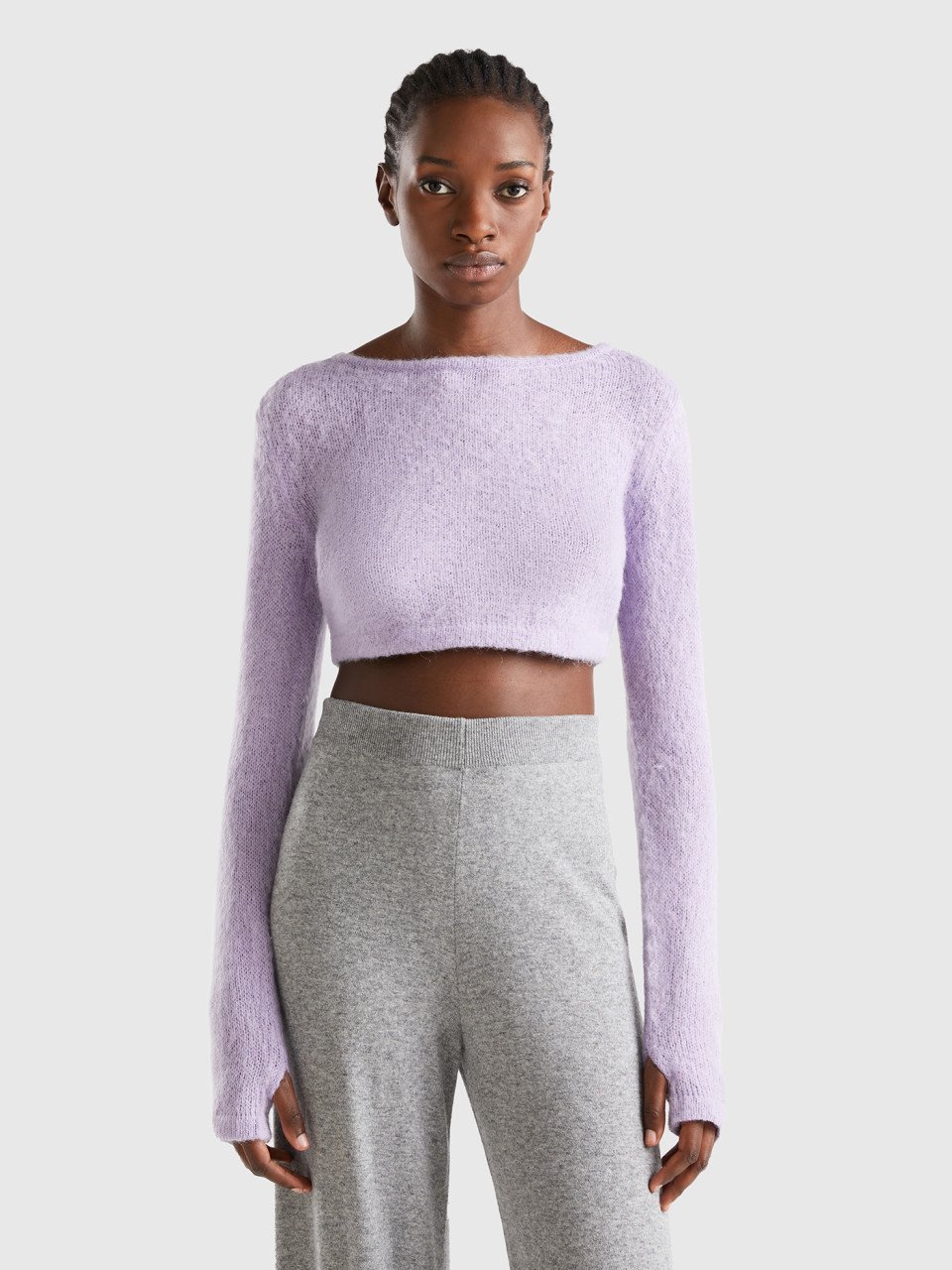 Benetton, Cropped Sweater In Mohair Blend, Lilac, Women