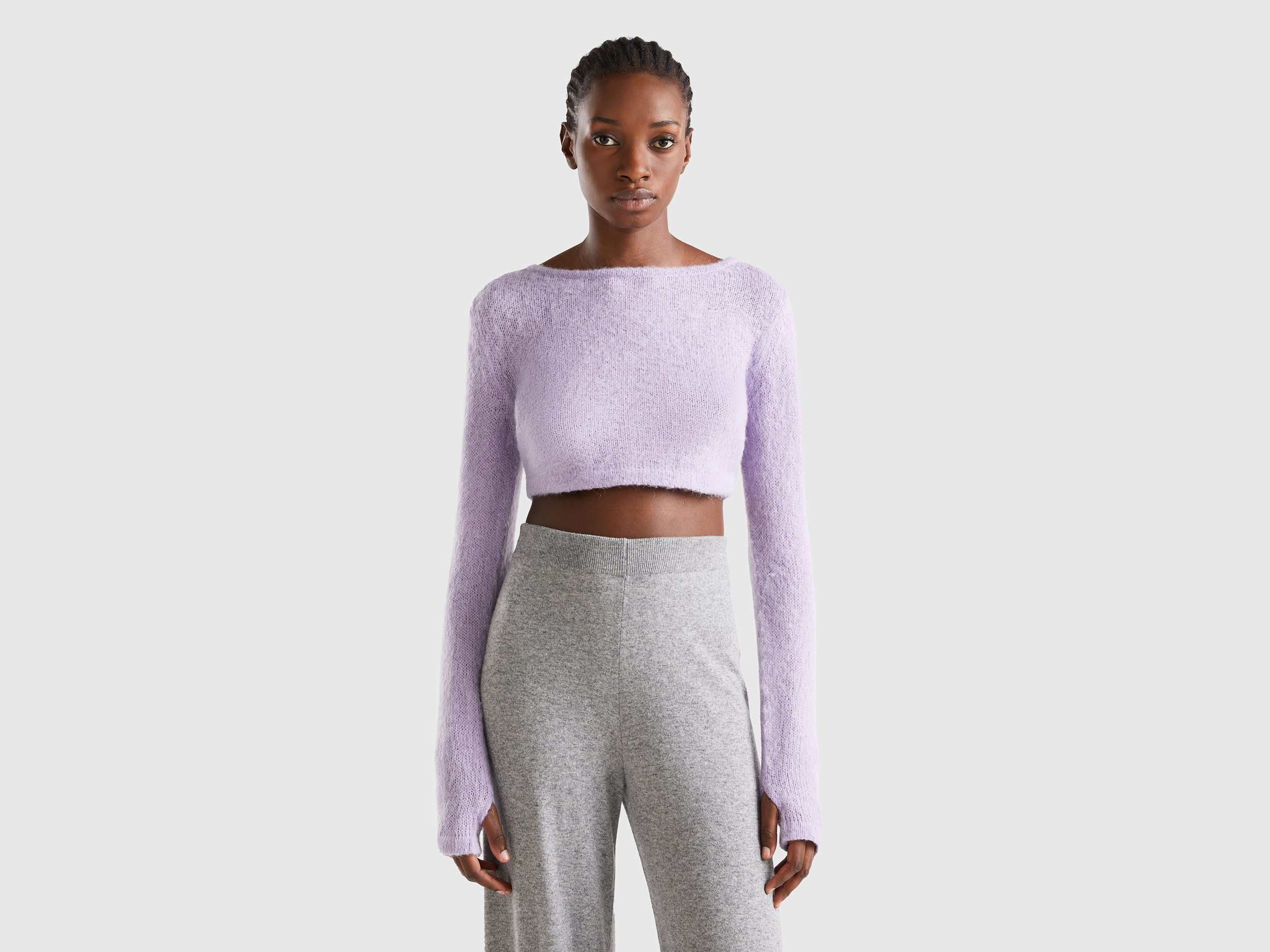 Benetton, Cropped Sweater In Mohair Blend, size L-XL, Lilac, Women