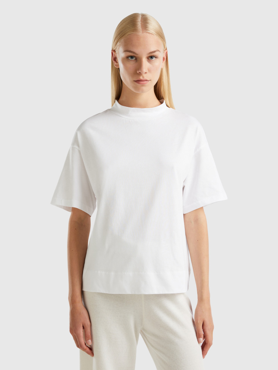 Benetton, T-shirt Col Droit, Blanc, Femme
