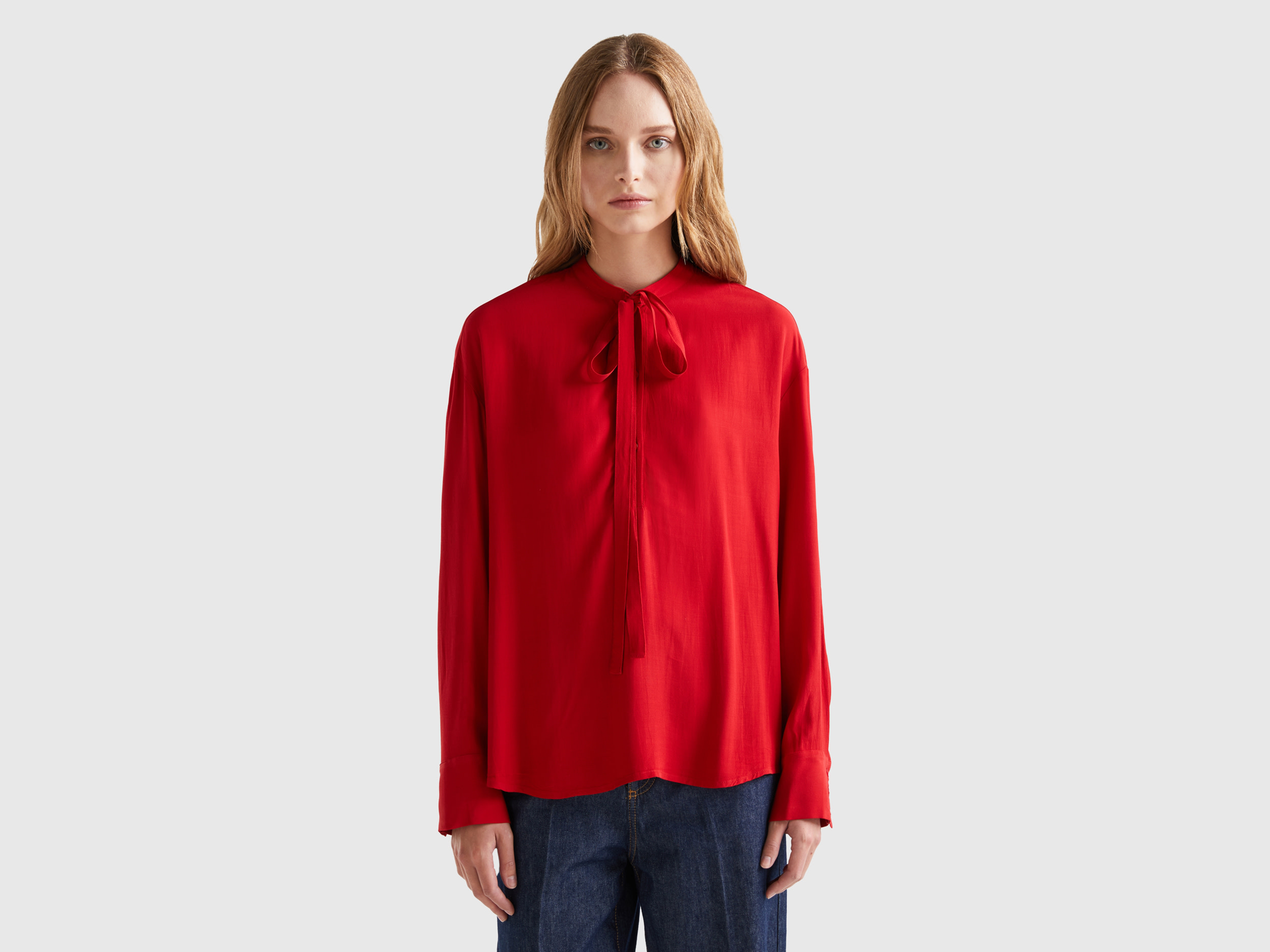 Benetton, Flowy Blouse With Laces, size S, Red, Women
