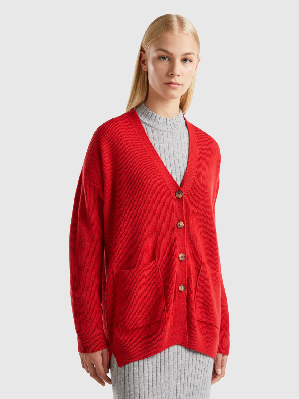 Benetton, Oversized Fit Cardigan In Wool Blend, Red, Women