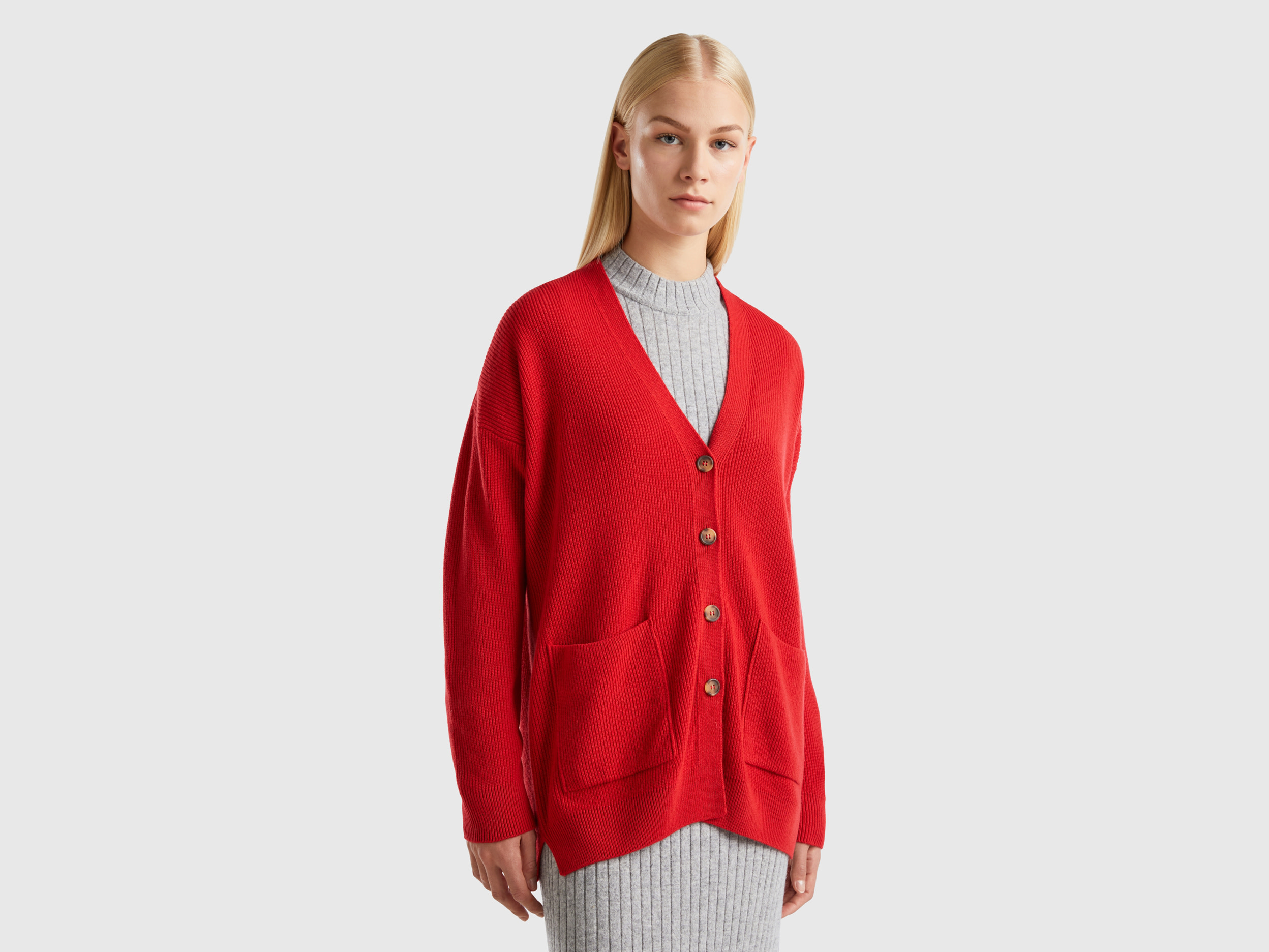 Benetton, Oversized Fit Cardigan In Wool Blend, size M, Red, Women