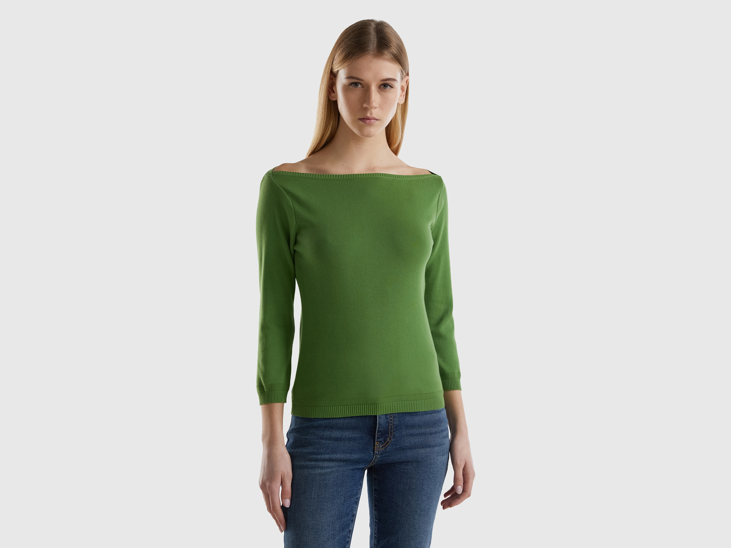 benetton, 100% cotton boat neck sweater, size xs, military green, women