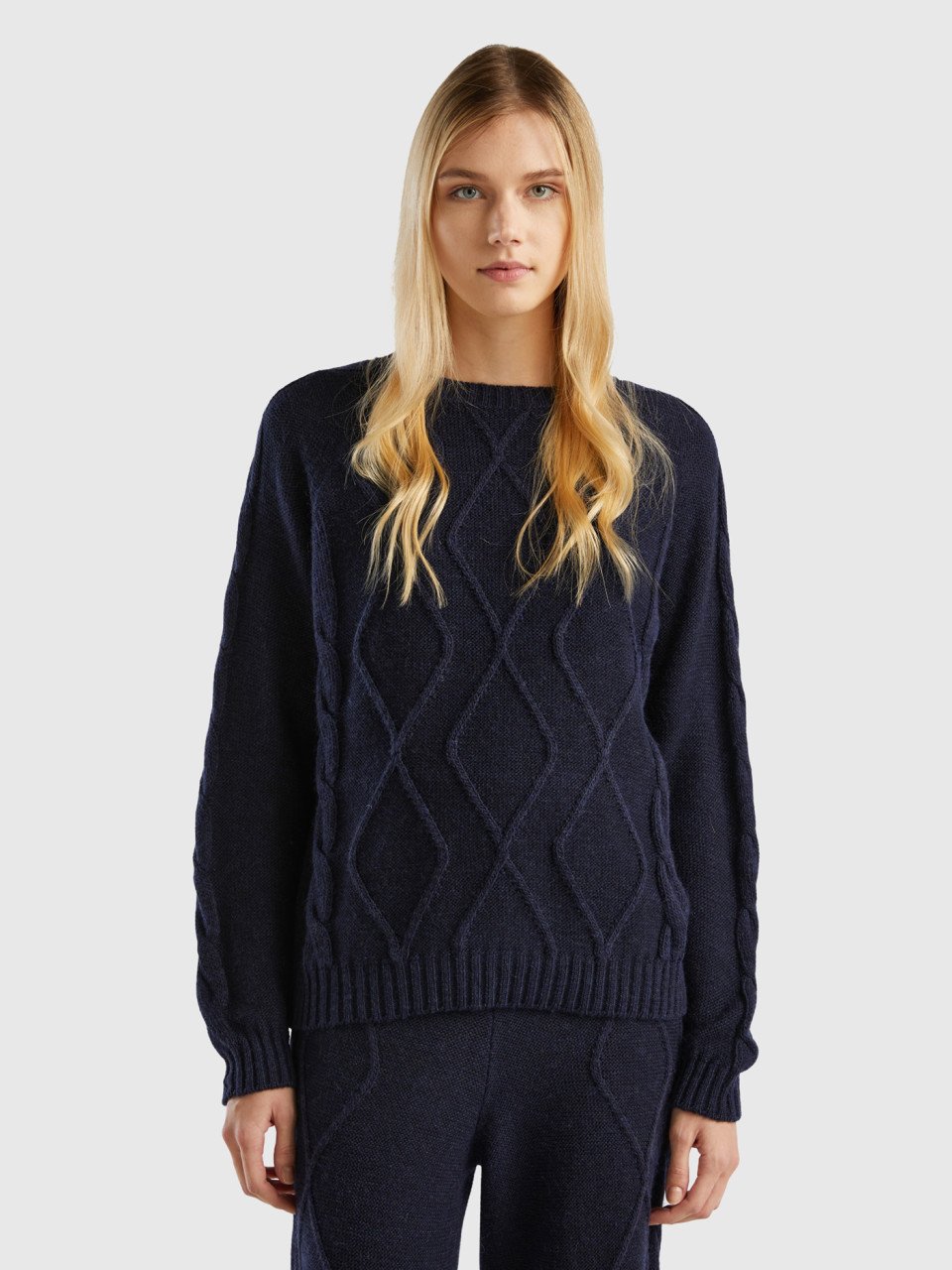 Benetton, Sweater With Cables And Diamonds, Dark Blue, Women