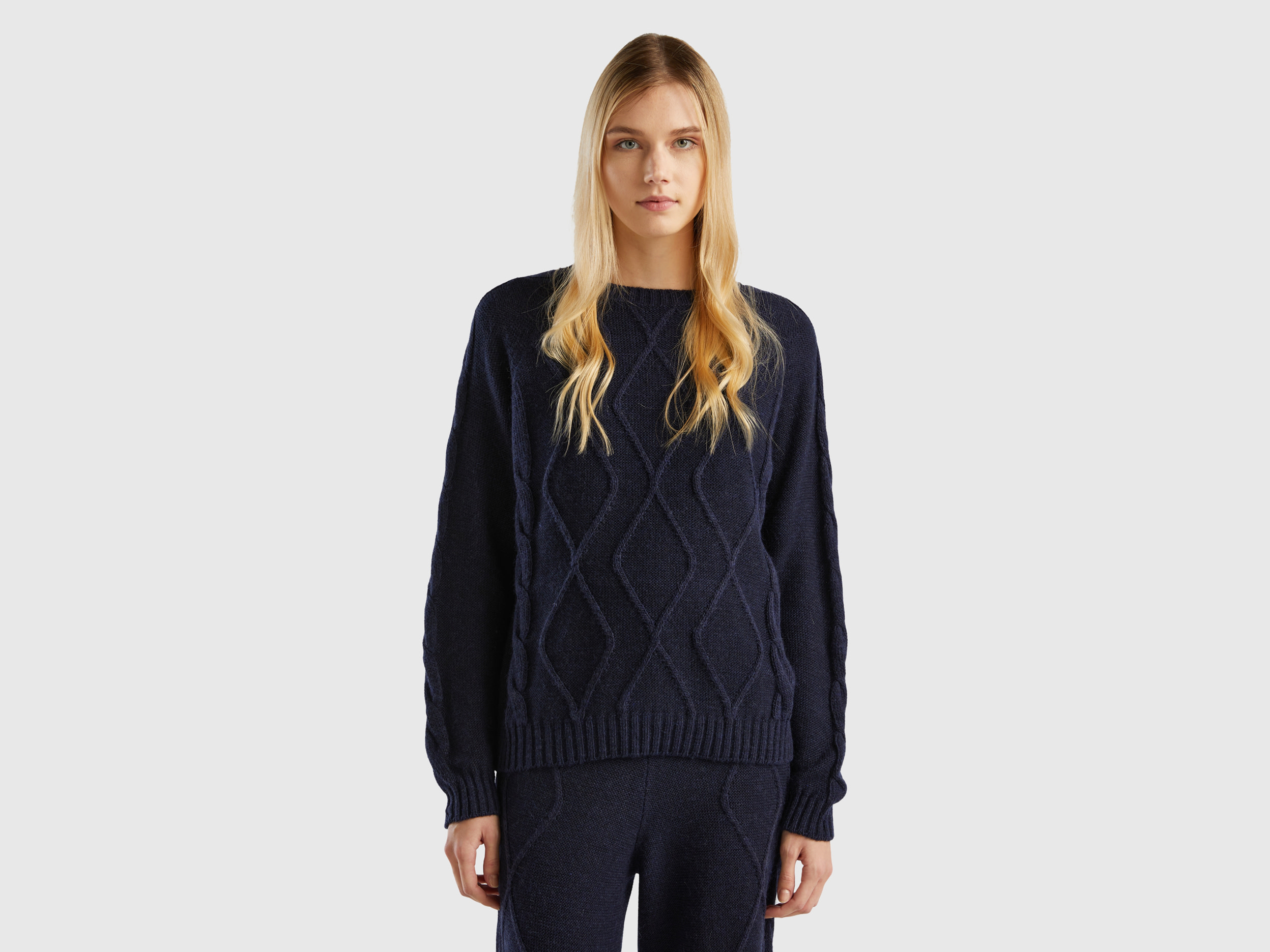 Benetton, Sweater With Cables And Diamonds, size XS, Dark Blue, Women