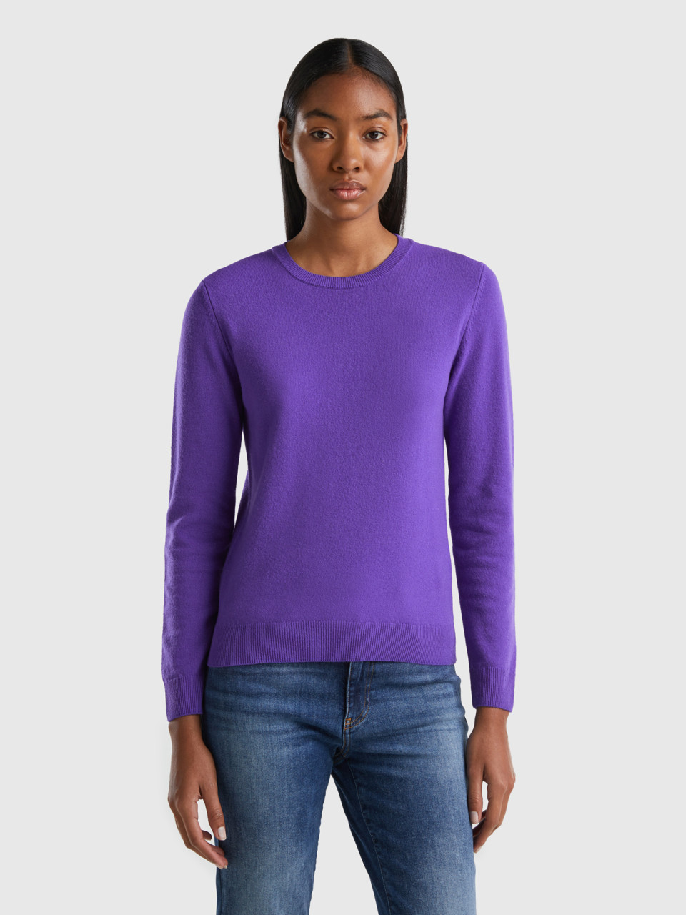 Benetton, Violet Crew Neck Sweater In Pure Merino Wool, Violet, Women