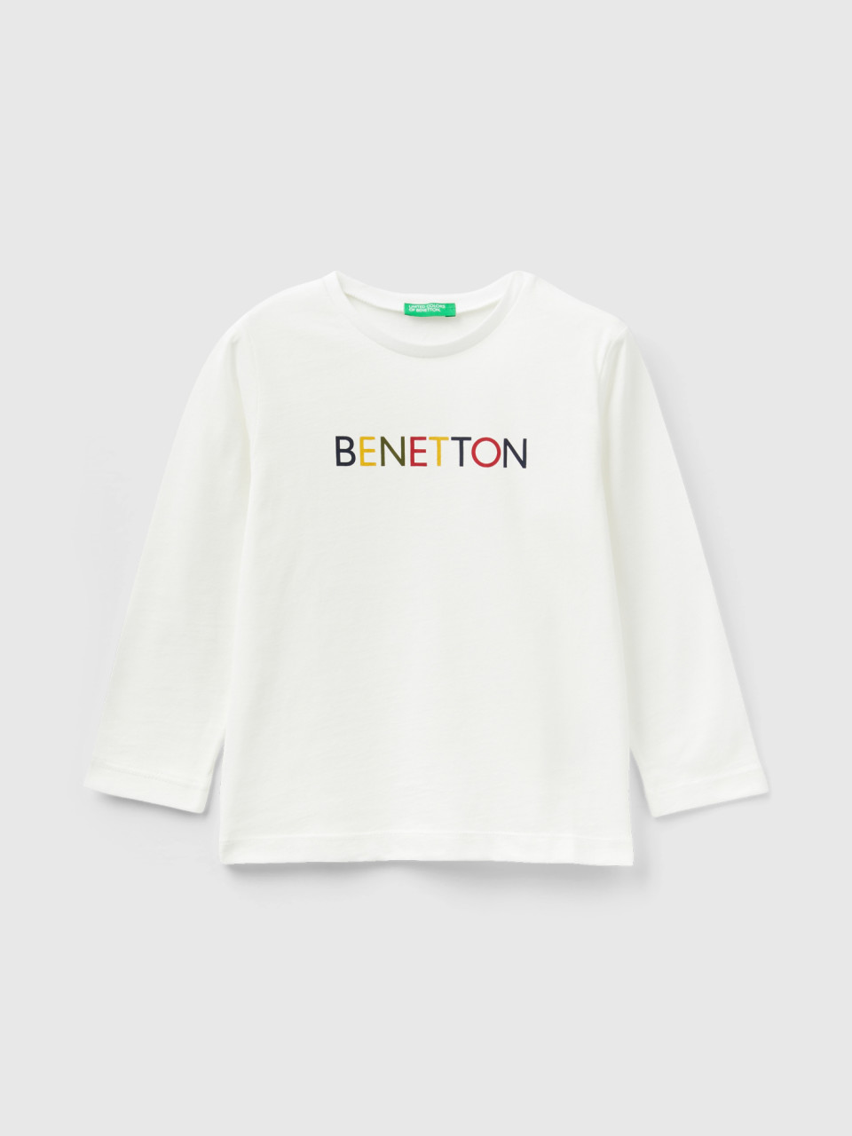 Benetton, T-shirt En Coton Bio À Manches Longues, Crème, Enfants