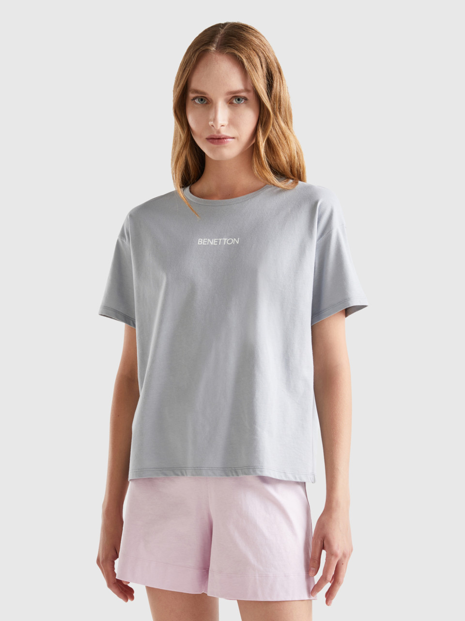 Benetton, T-shirt 100% Coton, Gris Clair, Femme