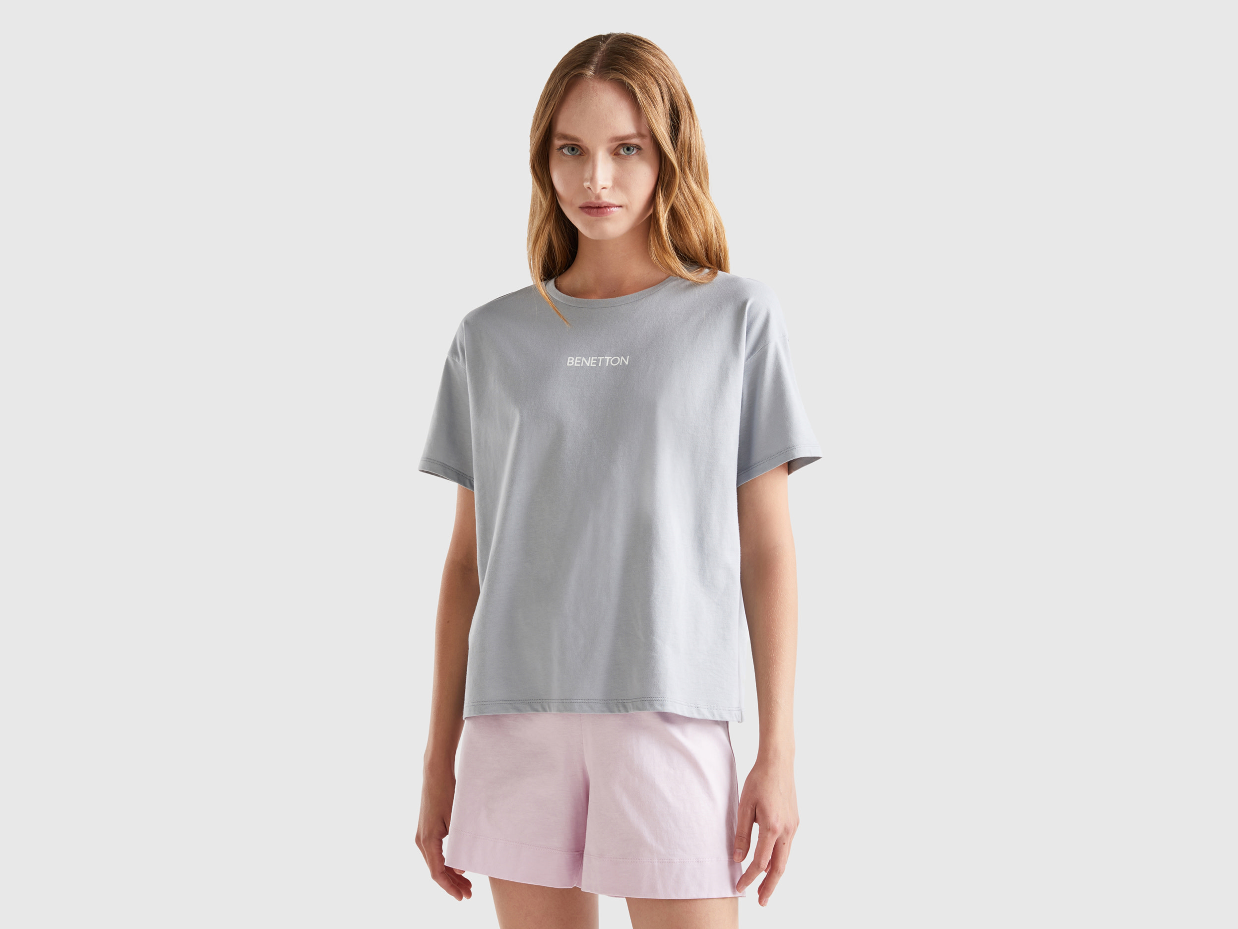 Benetton, 100% Cotton T-shirt, size L, Light Gray, Women
