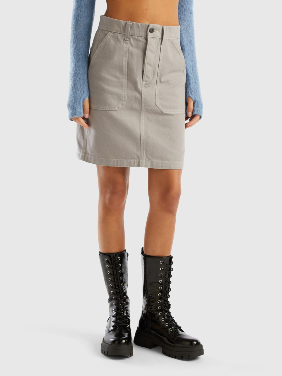 Benetton, Mini Skirt In Cotton Canvas, Light Gray, Women
