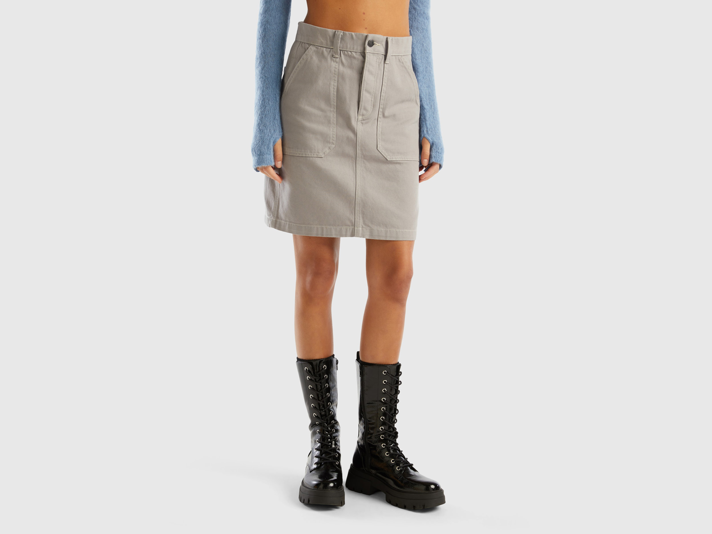 Benetton, Mini Skirt In Cotton Canvas, size 12, Light Gray, Women