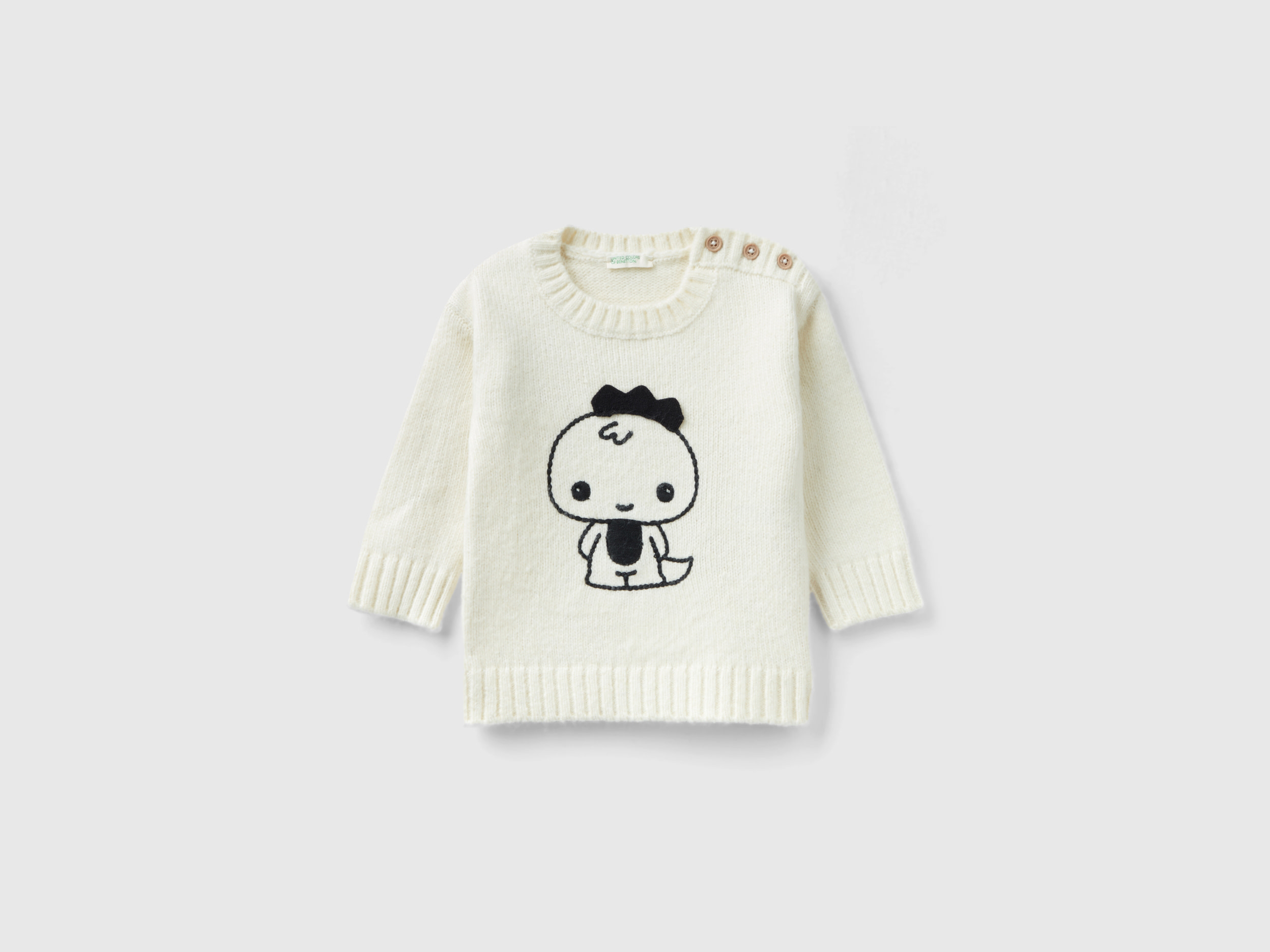 Benetton, Sweater With Embroidery And Applique, size 0-1, Creamy White, Kids