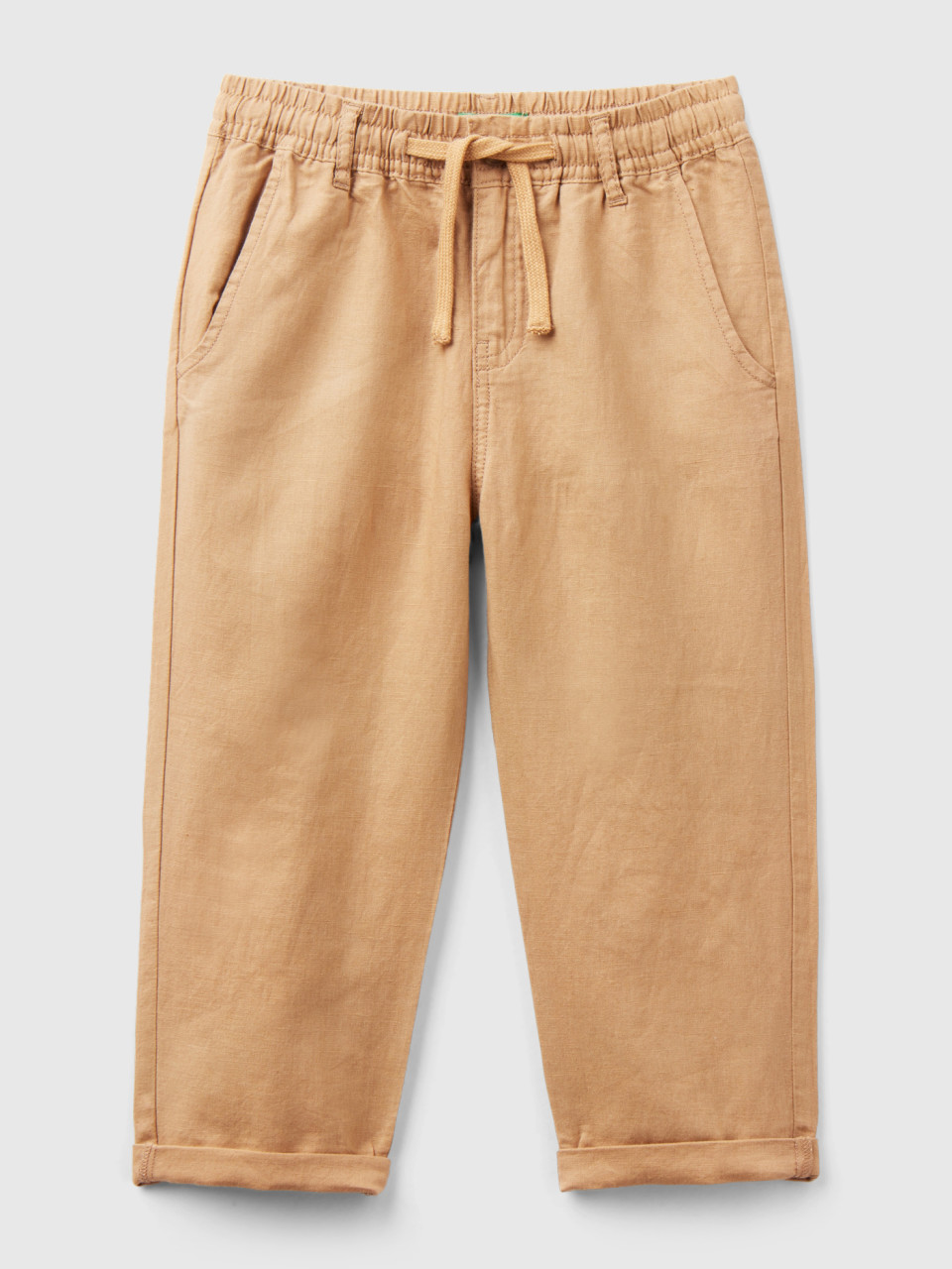 Benetton, Trousers In Linen Blend With Drawstring, Camel, Kids