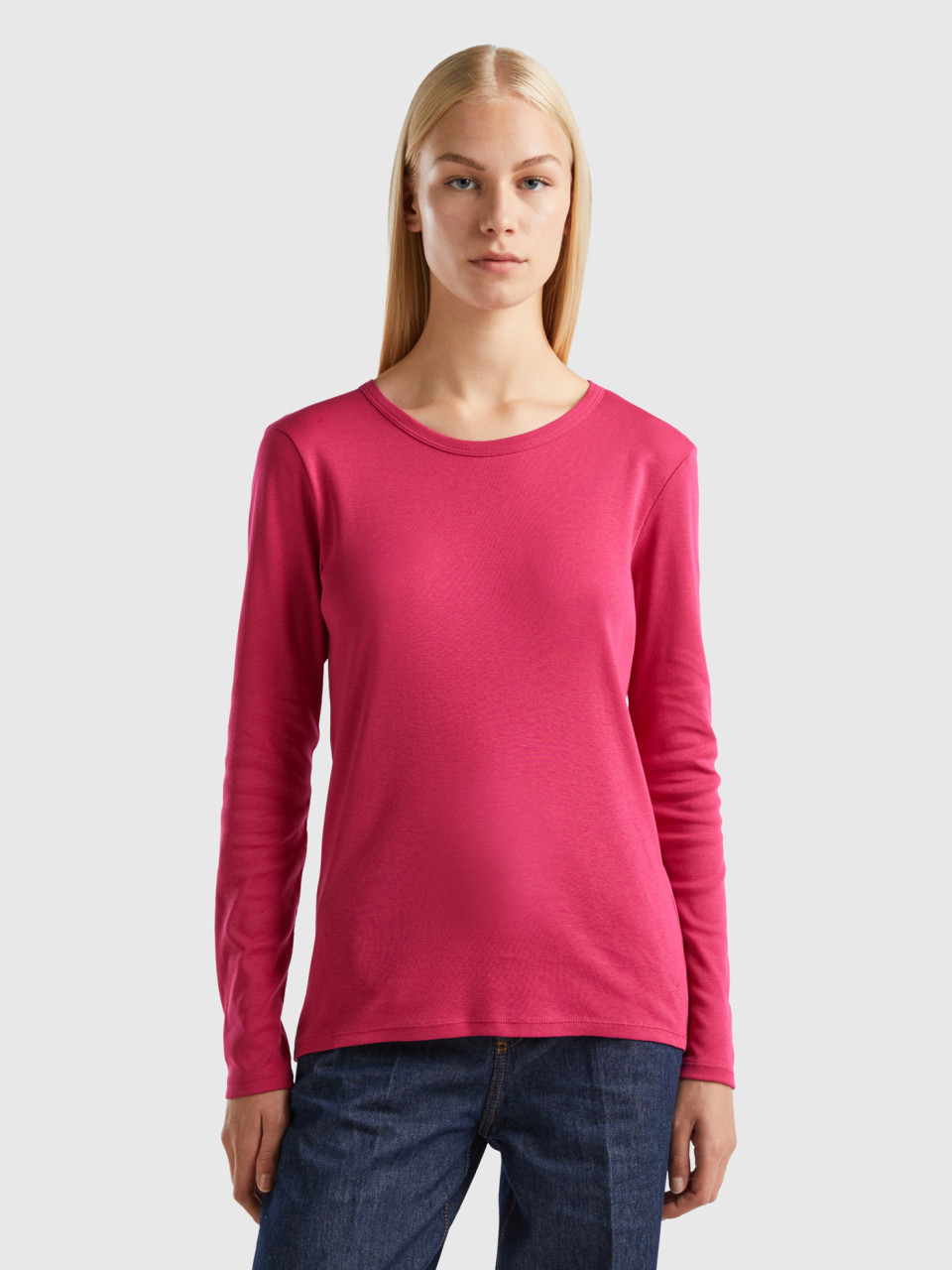 Benetton, Long Sleeve Pure Cotton T-shirt, Cyclamen, Women