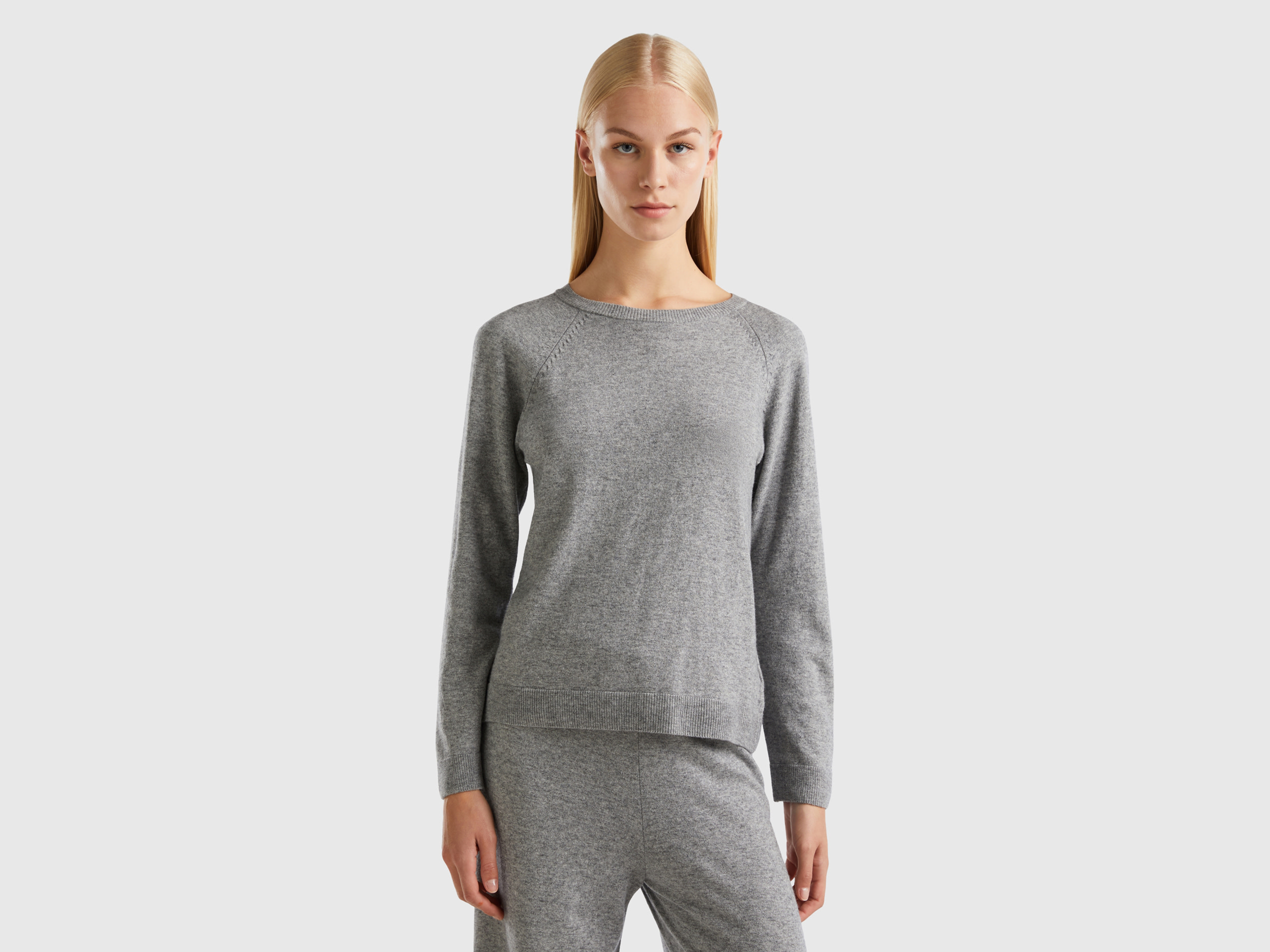 Benetton, Gray Crew Neck Sweater In Cashmere And Wool Blend, size S, Light Gray, Women