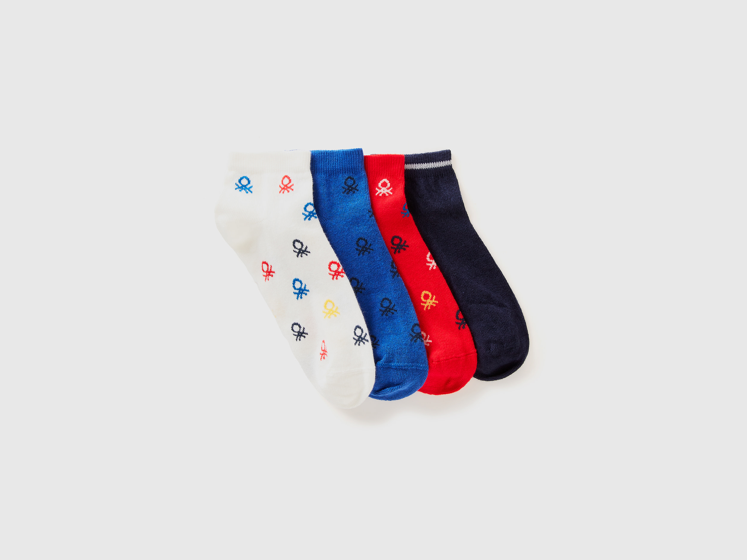 Benetton, Quattro Paia Di Calzini Corti Con Loghi, Multicolore, Bambini