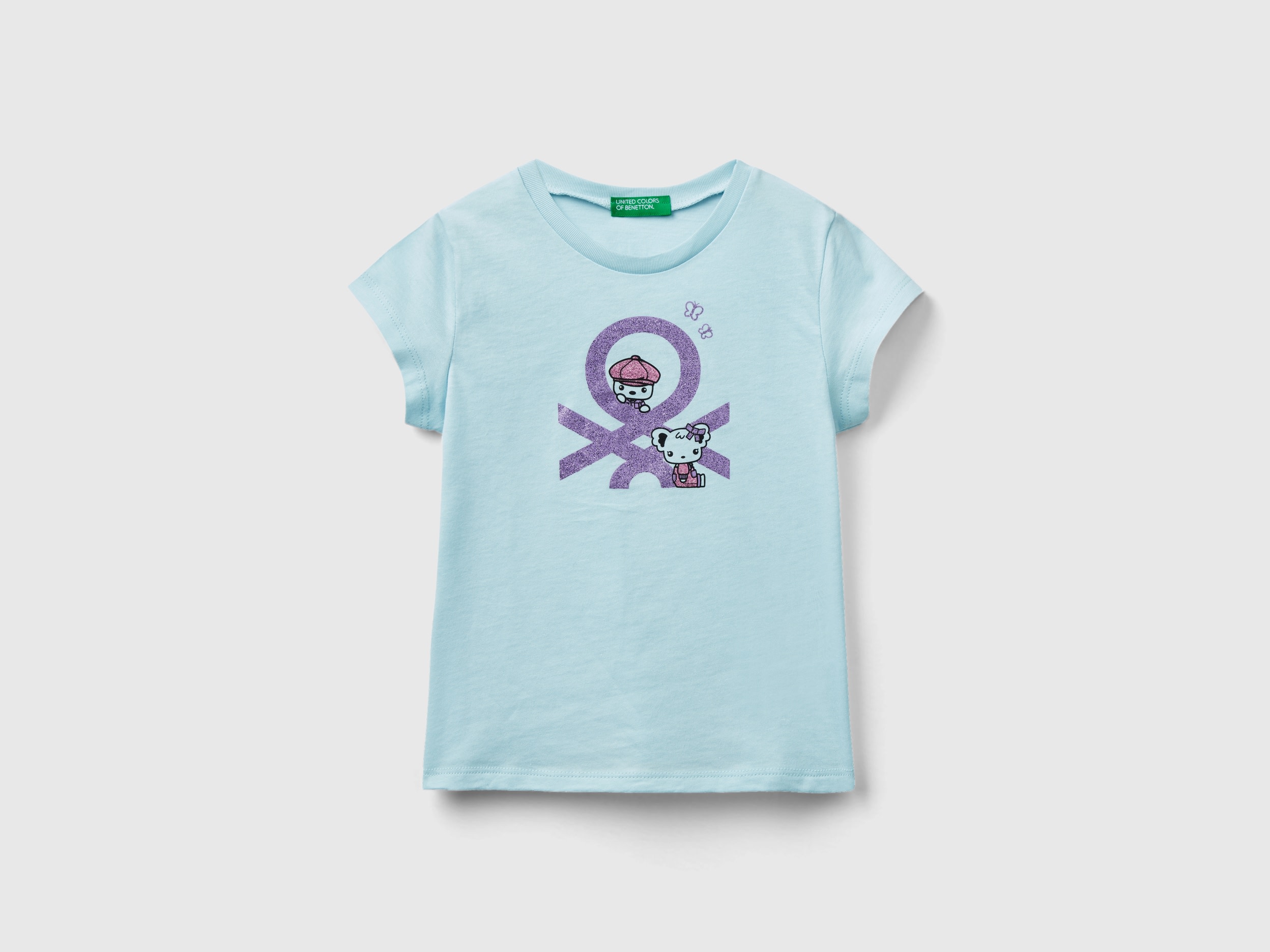 Benetton, T-shirt With Print In Organic Cotton, size 5-6, Aqua, Kids