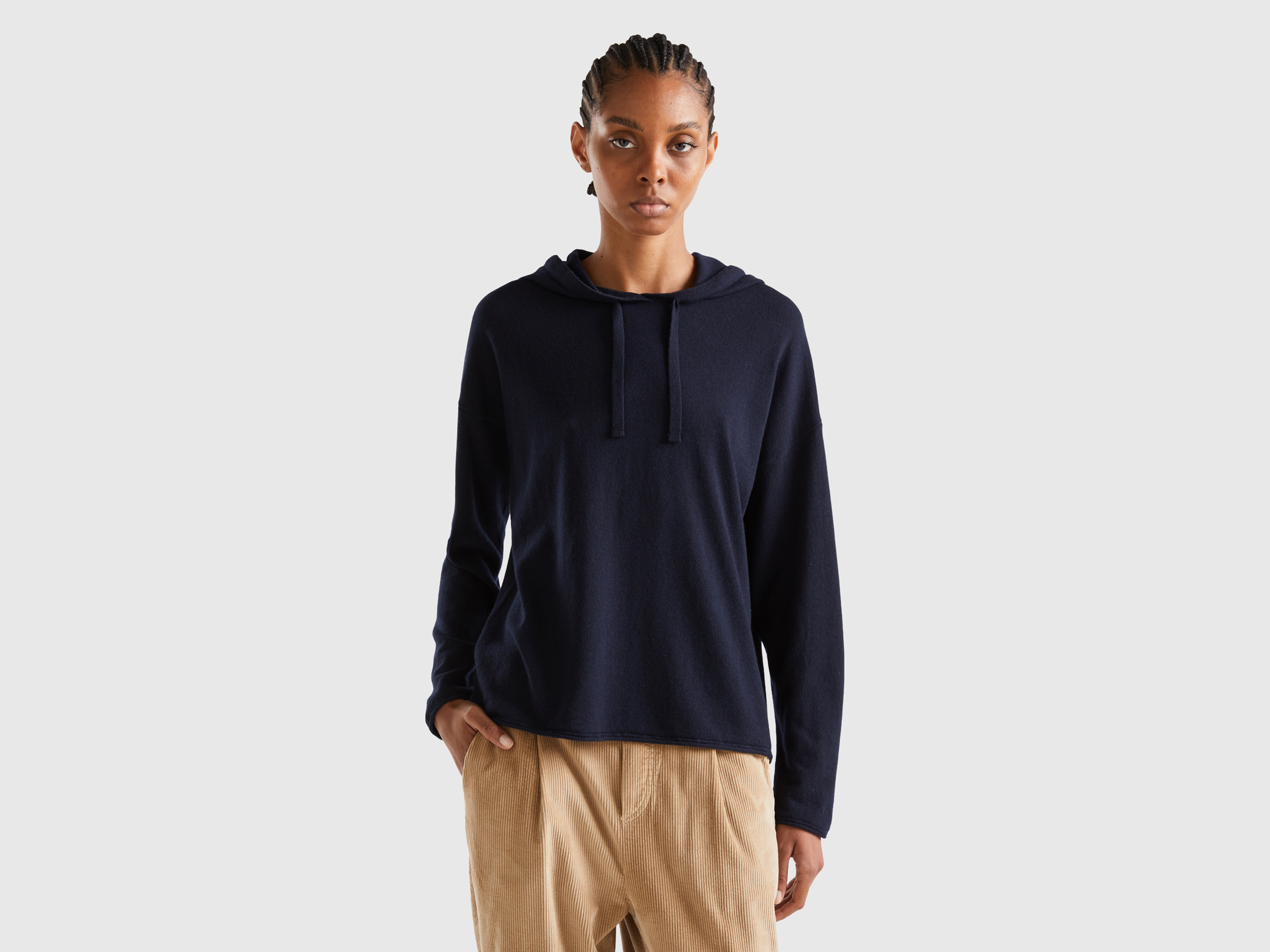 Benetton, Dark Blue Sweater In Cashmere Blend With Hood, size M, Dark Blue, Women