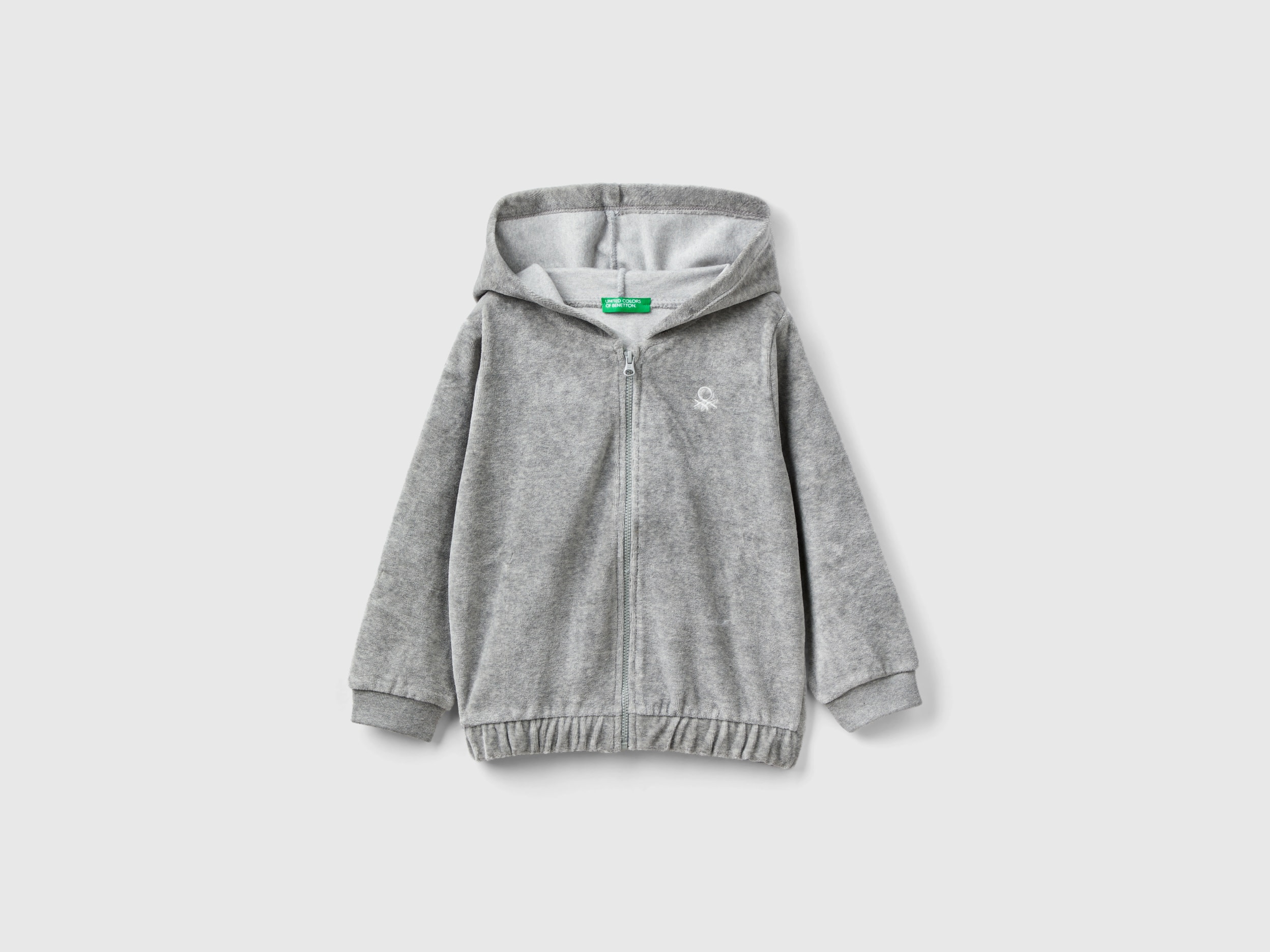 Benetton, Chenille Sweatshirt With Zip And Hood, size 4-5, Light Gray, Kids