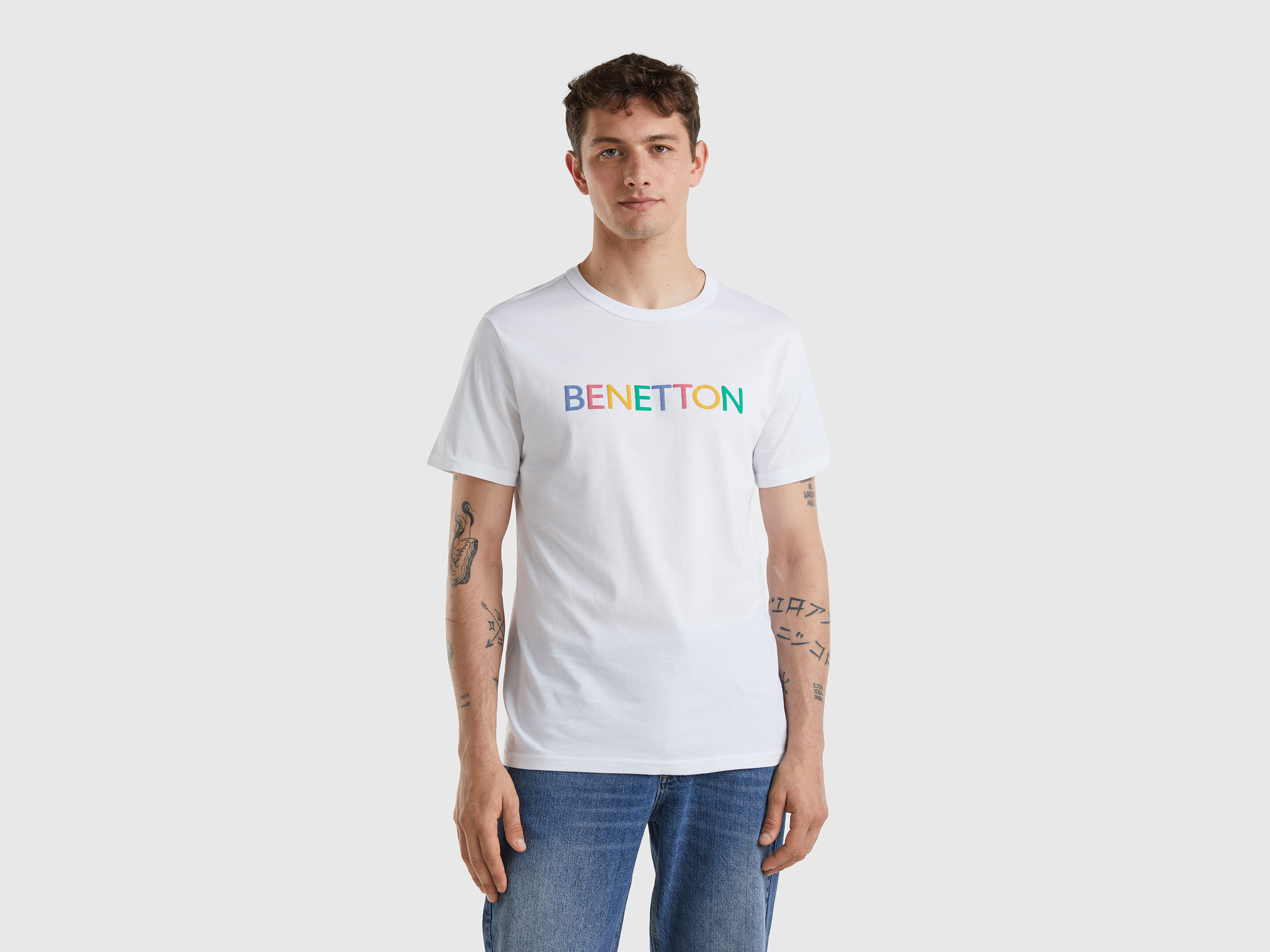 Benetton, White T-shirt In Organic Cotton With Multicolored Logo, size XXL, White, Men
