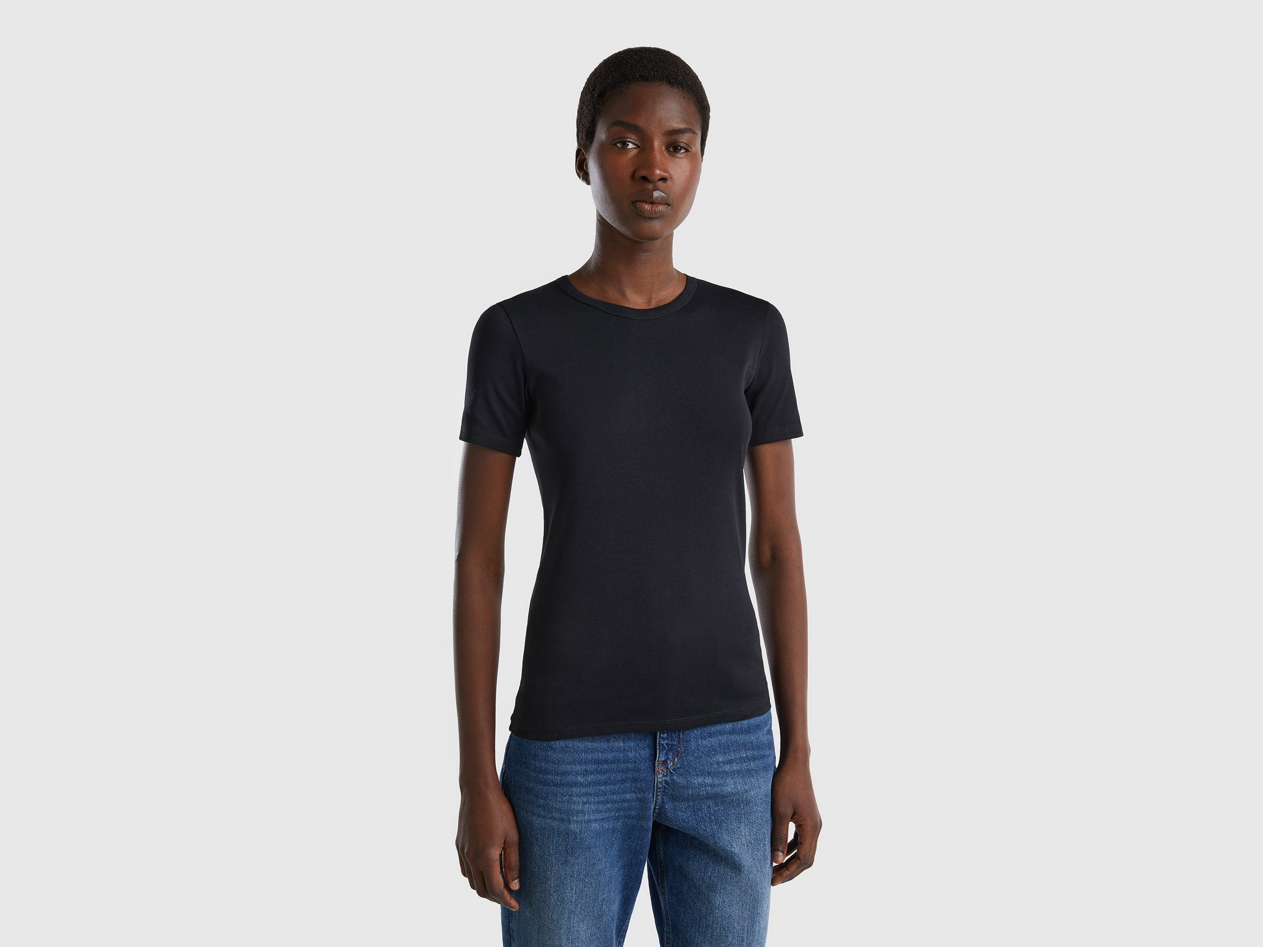Benetton, Long Fiber Cotton T-shirt, size M, Black, Women