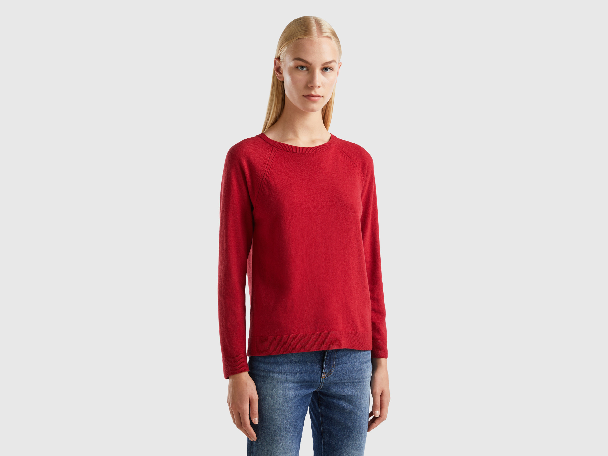 Benetton, Brick Red Crew Neck Sweater In Cashmere And Wool Blend, size XL, Brick Red, Women