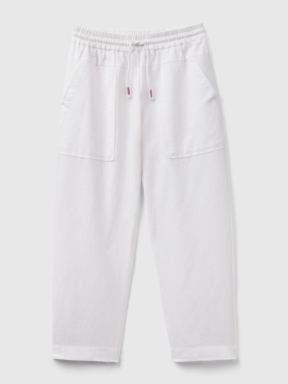 Benetton, Trousers In Linen Blend With Drawstring, White, Kids