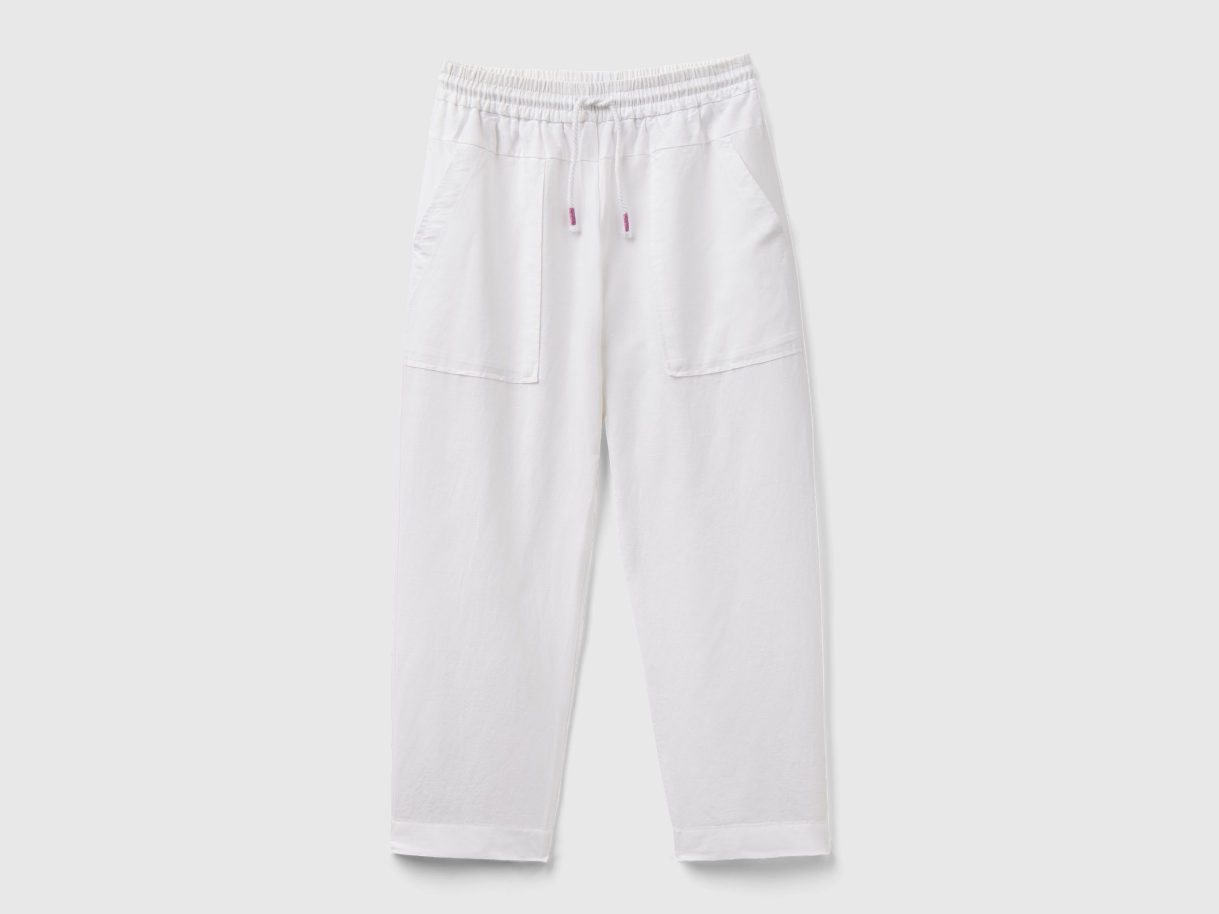 Benetton, Pantaloni Con Coulisse In Misto Lino, Bianco, Bambini