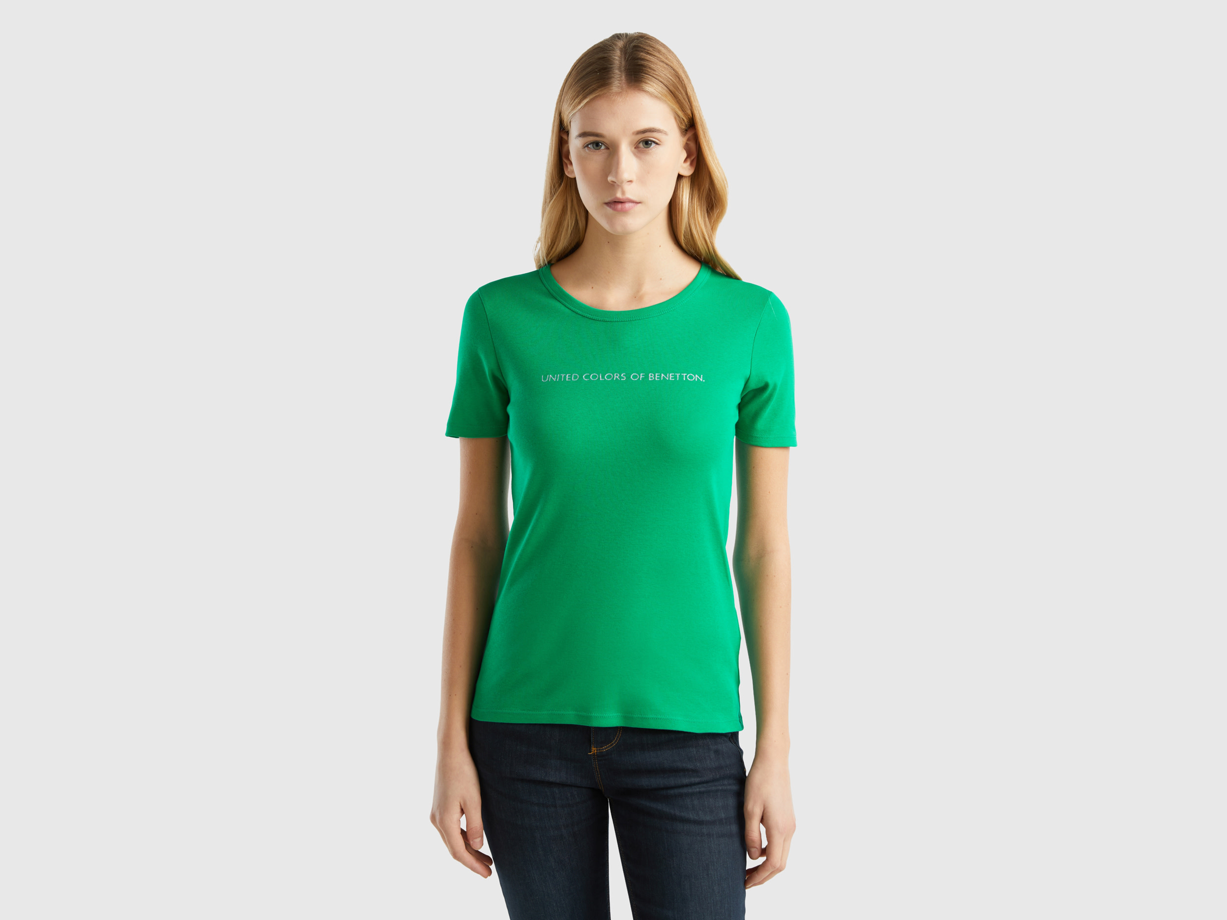 Benetton, T-shirt In 100% Cotton With Glitter Print Logo, size XL, Green, Women