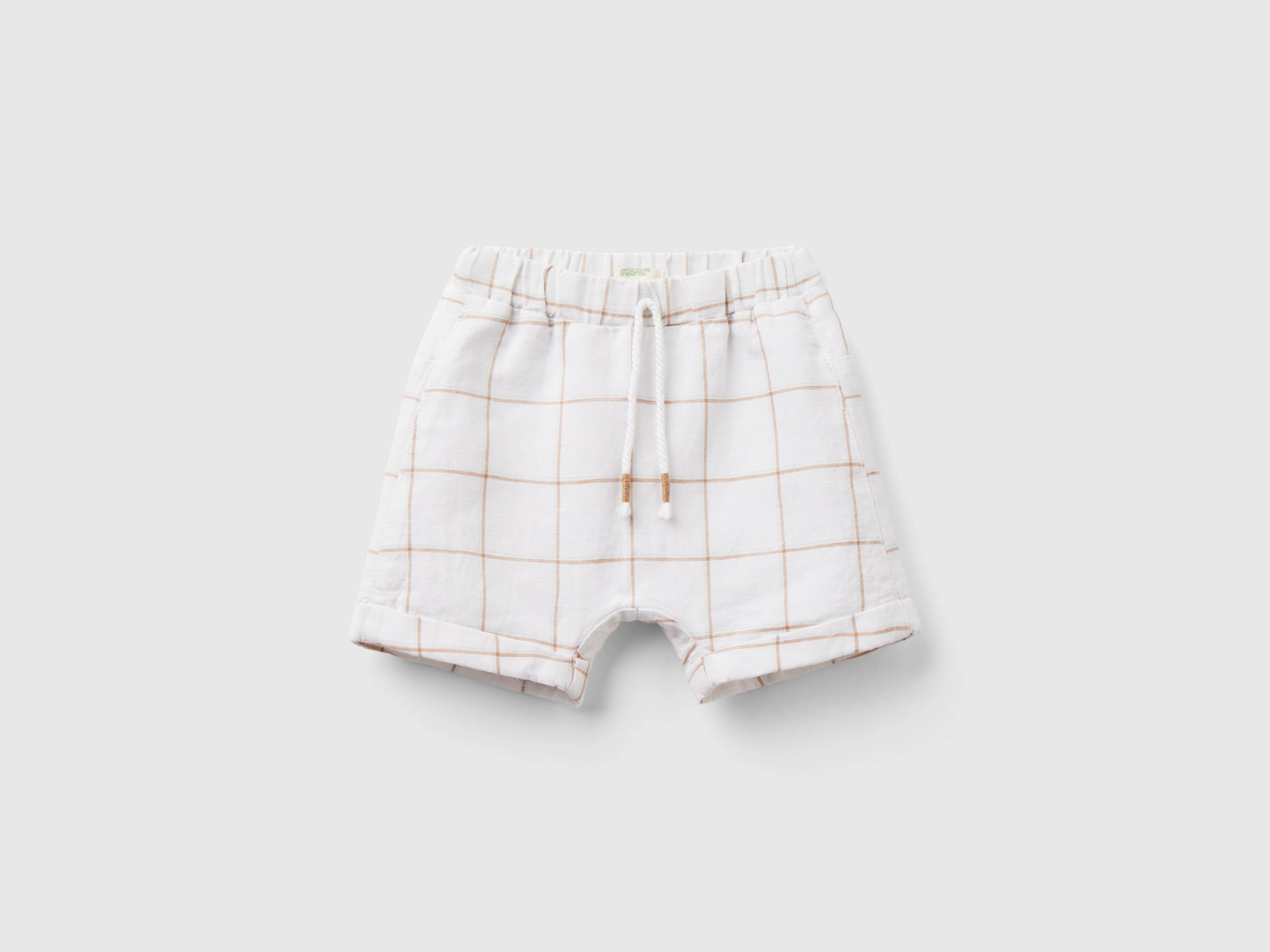 Benetton, Shorts A Quadri In Misto Lino, Bianco, Bambini