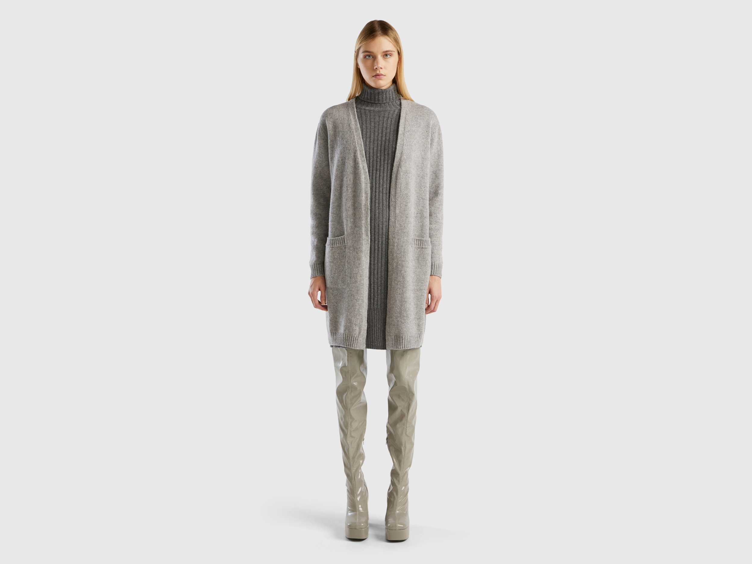 Benetton, Long Cardigan In Pure Shetland Wool, size XS-S, Light Gray, Women