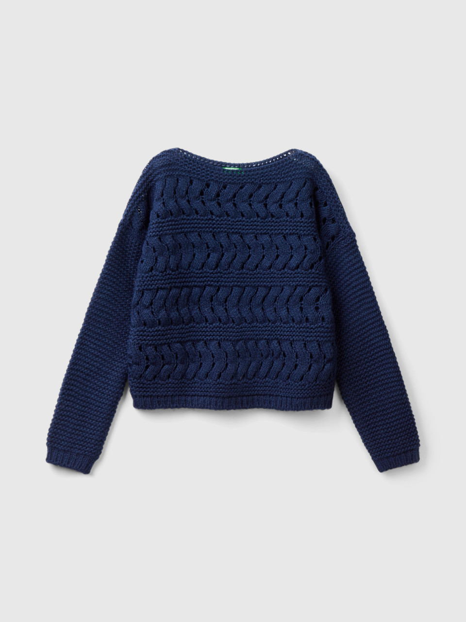 Benetton, Cable Knit Sweater In Wool Blend, Dark Blue, Kids