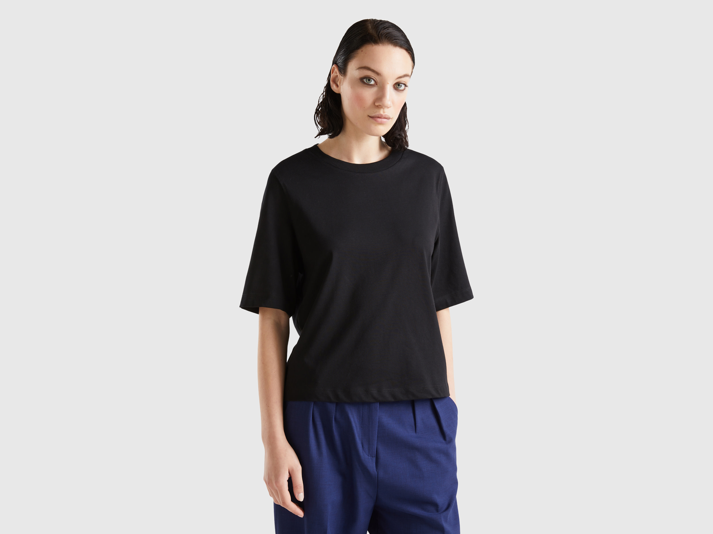 Benetton, 100% Cotton Boxy Fit T-shirt, size XS, Black, Women