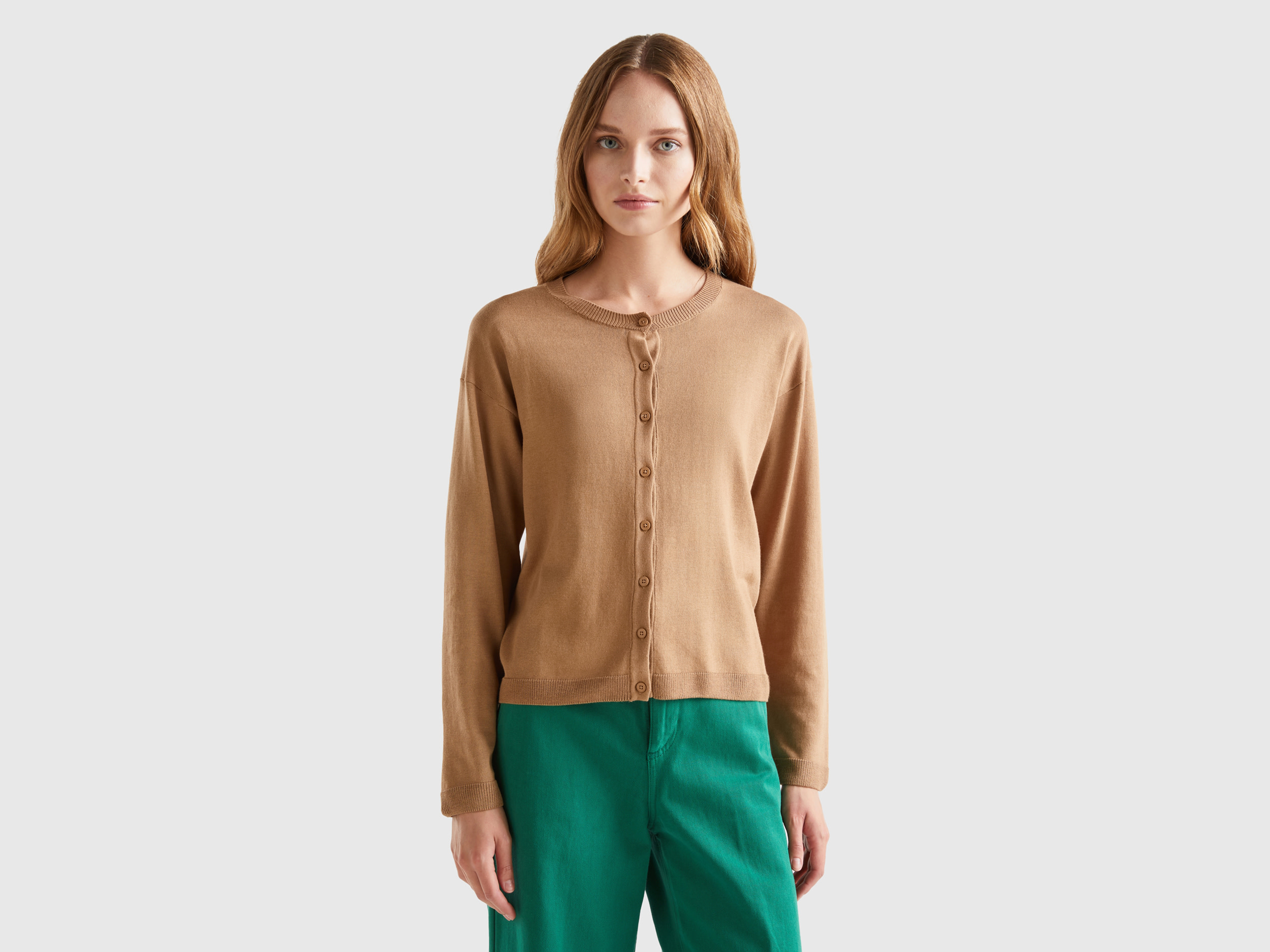 Benetton, Crew Neck Cardigan With Buttons, size L, Camel, Women