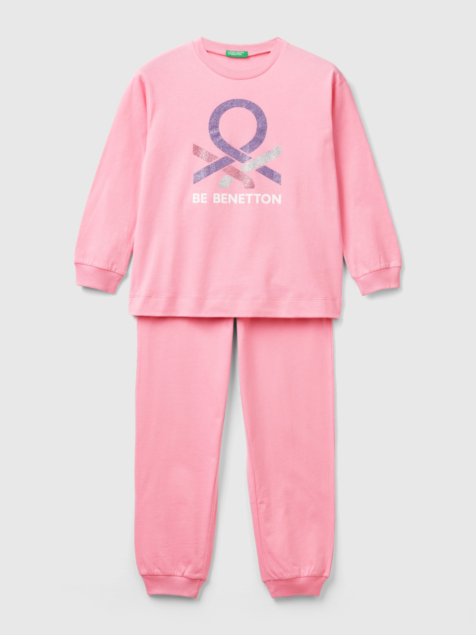 Benetton, Langer Pyjama In Rosa Mit Glitzerlogo, Pink, female